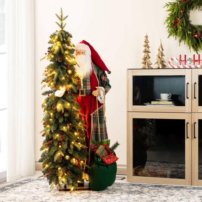 4ft Oversized Christmas Woodland Santa with 5ft Lighted Green Artificial Christmas Tree