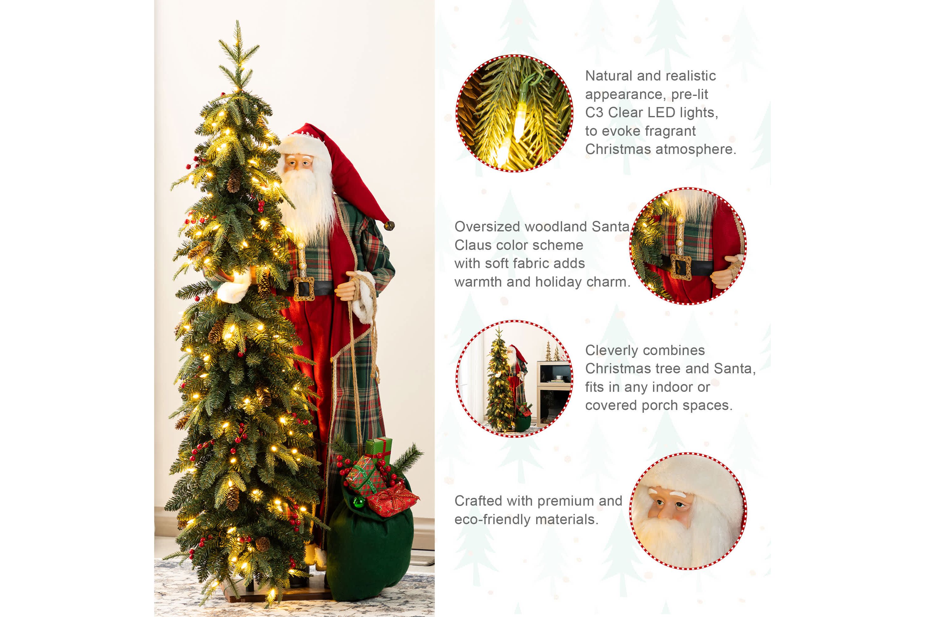 4ft Oversized Christmas Woodland Santa with 5ft Lighted Green Artificial Christmas Tree