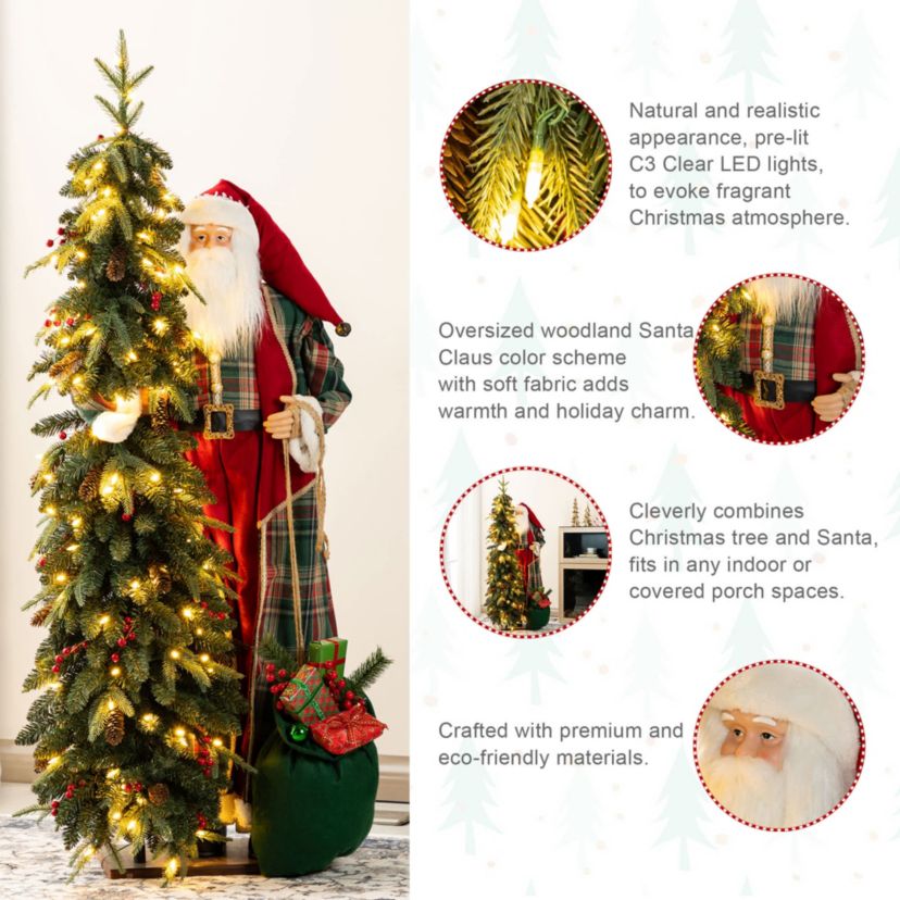 4ft Oversized Christmas Woodland Santa with 5ft Lighted Green Artificial Christmas Tree
