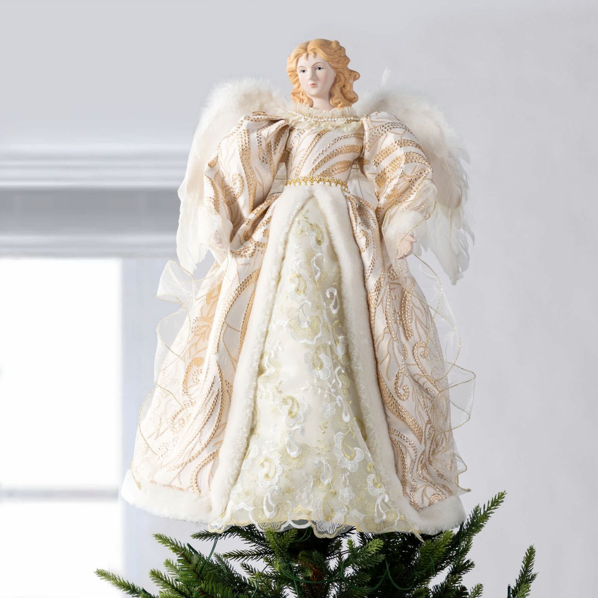 24" H Faux Fur & PVC Christmas Elegant  Angel Tree Topper with Porcelain Face