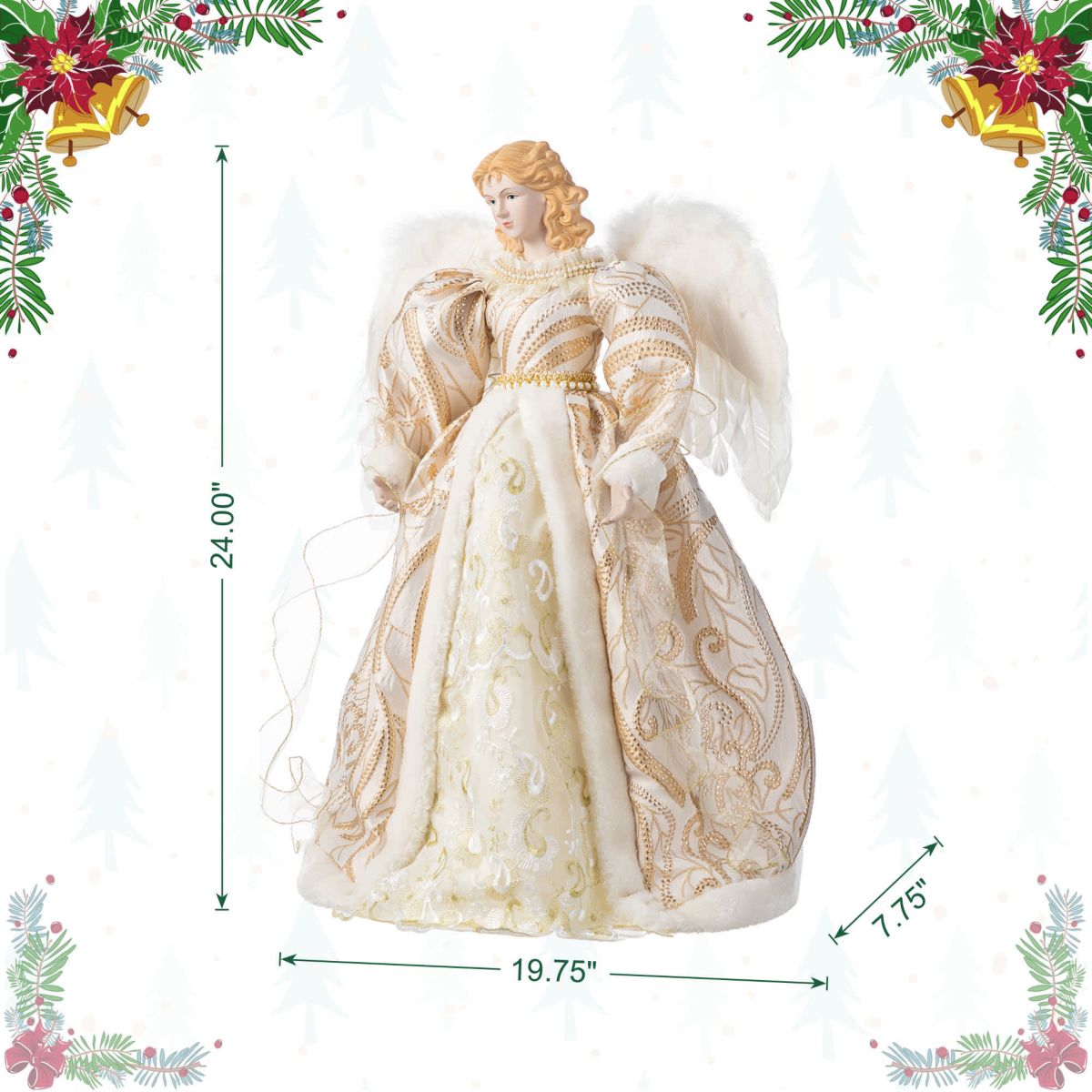 24" H Faux Fur & PVC Christmas Elegant  Angel Tree Topper with Porcelain Face