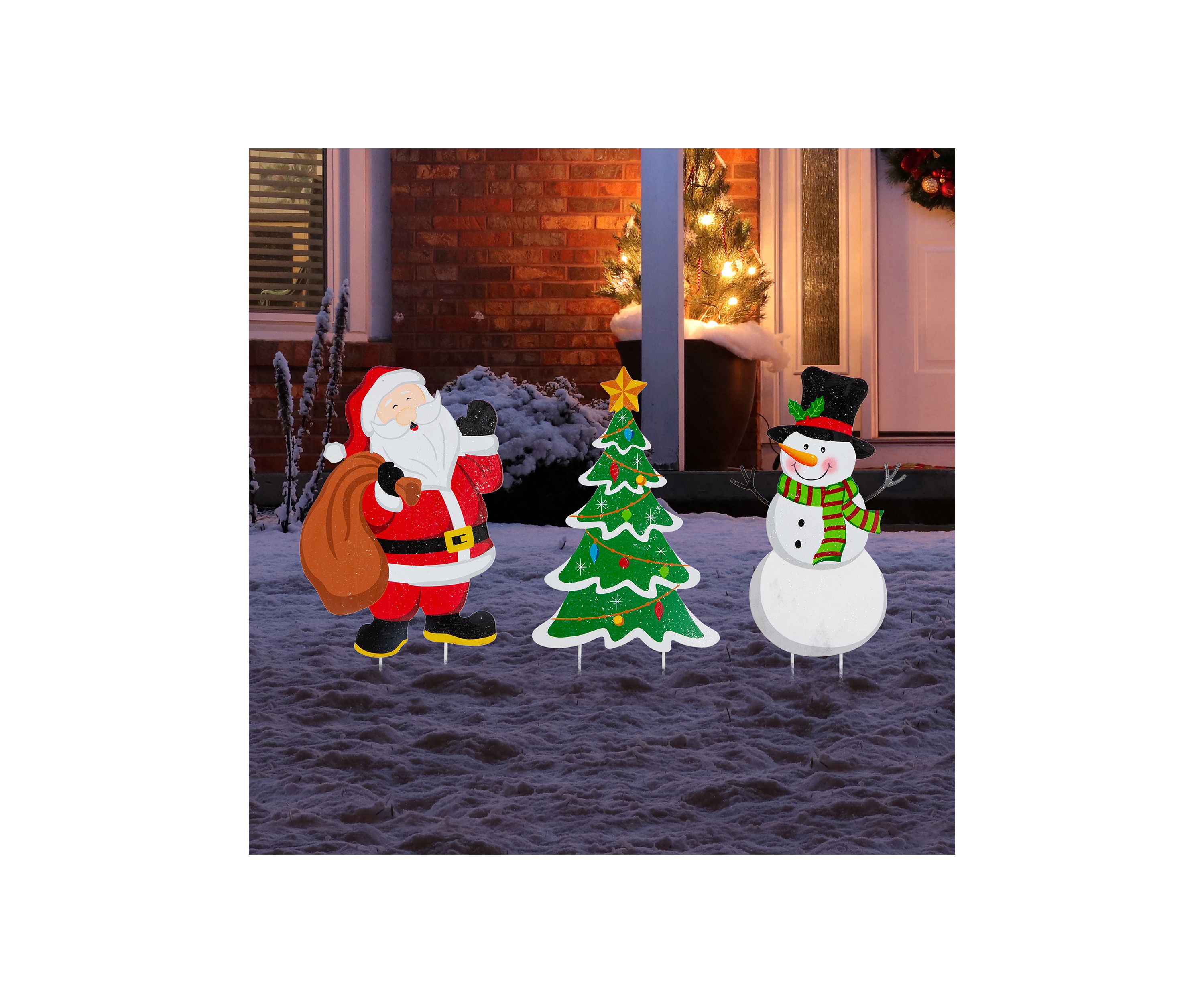 Set of 3 Metal Santa/Snowman/Tree Yard Stake or Wall Décor