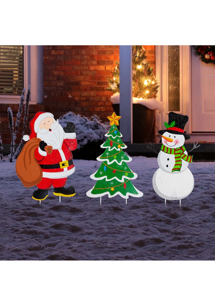 Set of 3 Metal Santa/Snowman/Tree Yard Stake or Wall Décor