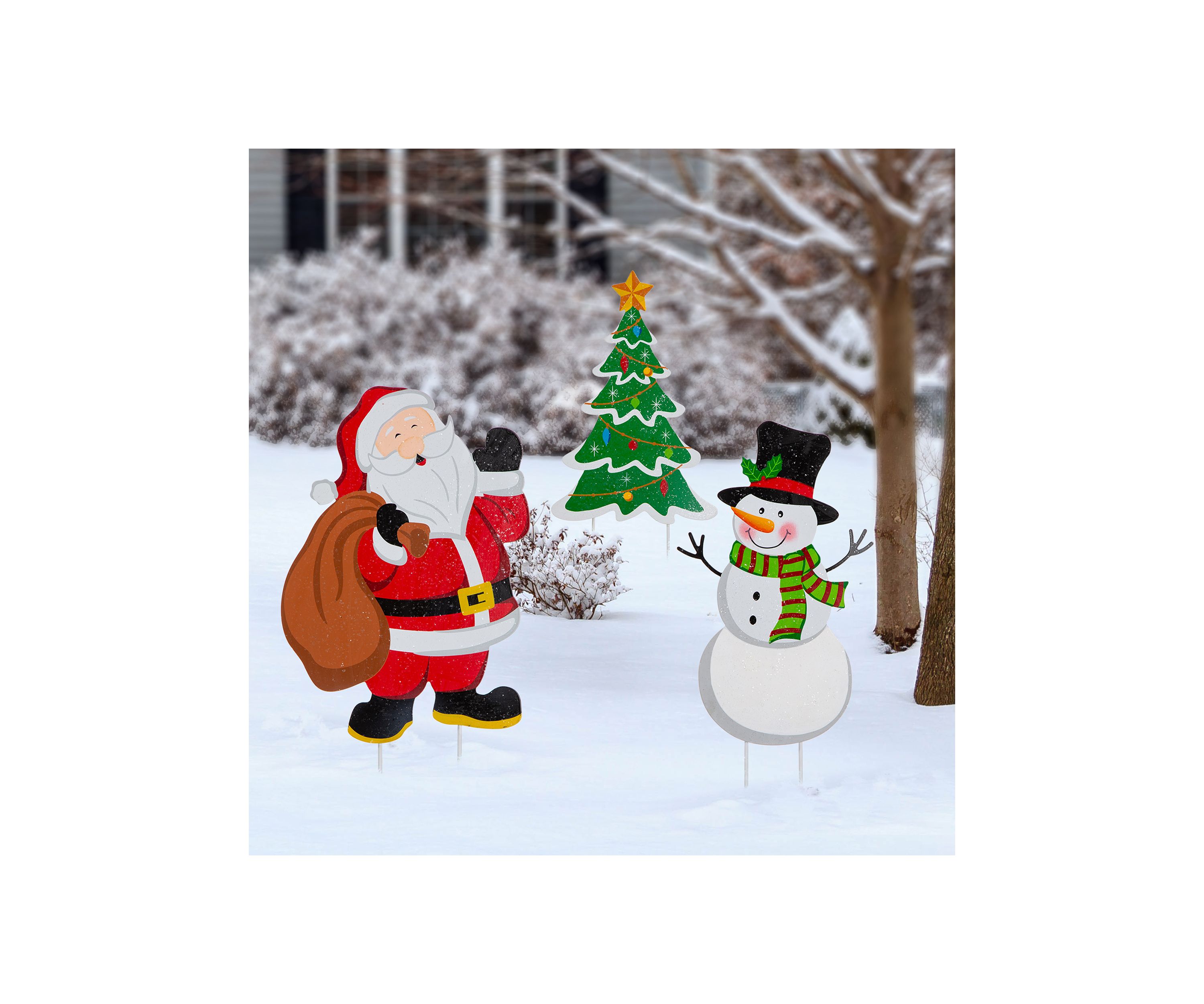 Set of 3 Metal Santa/Snowman/Tree Yard Stake or Wall Décor