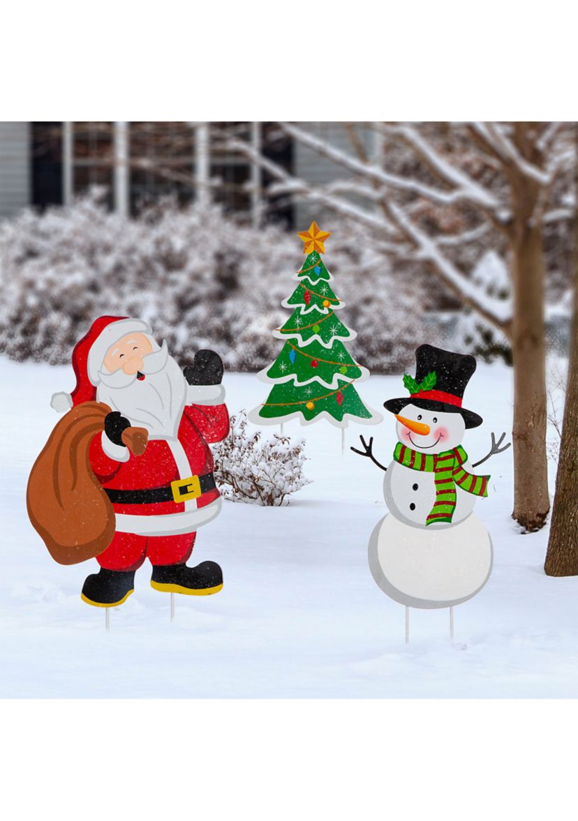 Set of 3 Metal Santa/Snowman/Tree Yard Stake or Wall Décor