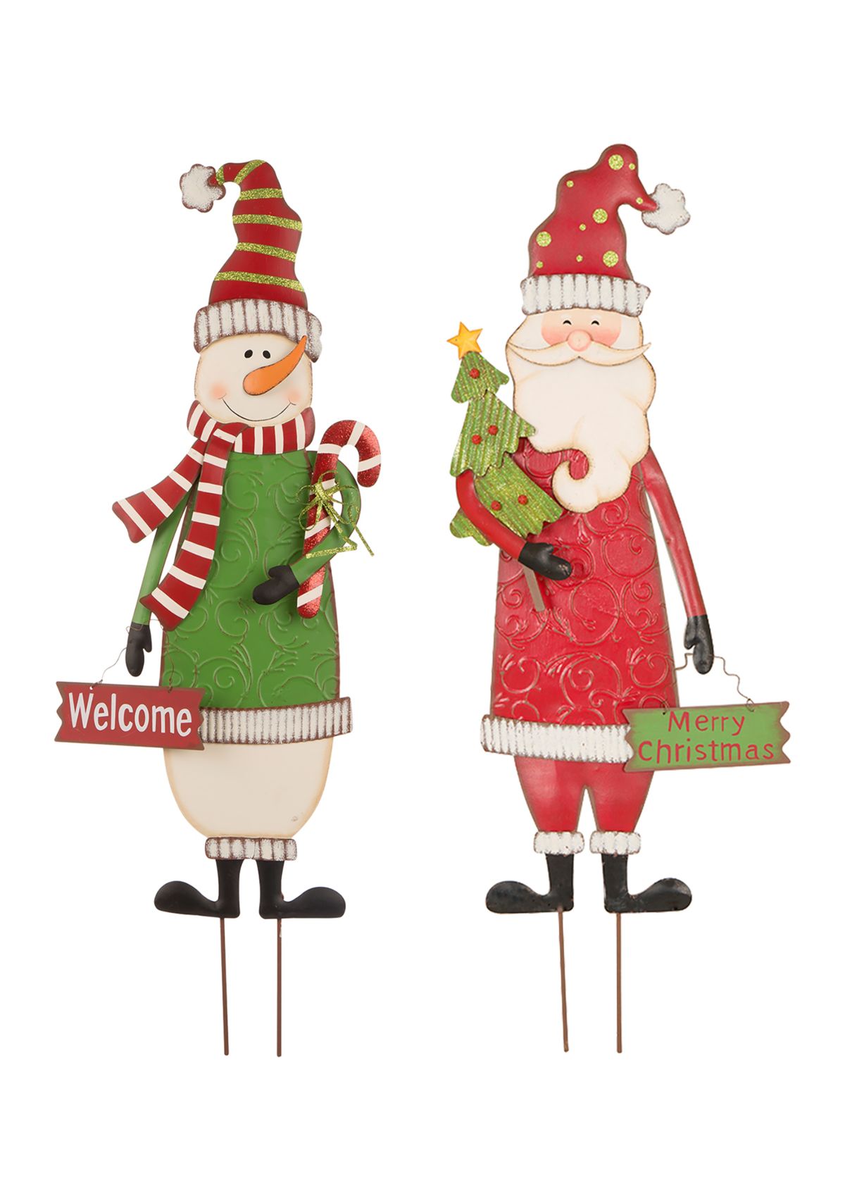 Set of 2 Metal Snowman & Santa Yard Stake or Standing Décor or Wall Décor