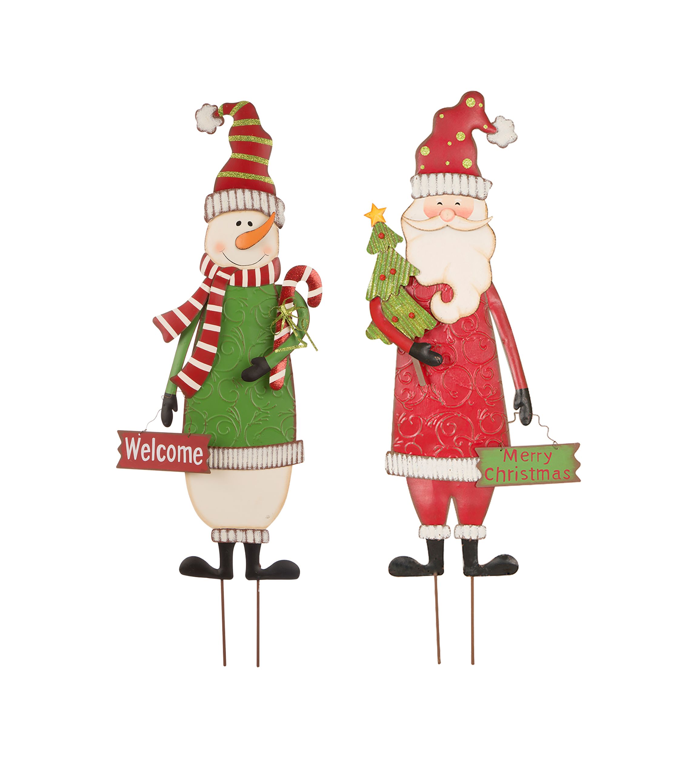 Set of 2 Metal Snowman & Santa Yard Stake or Standing Décor or Wall Décor