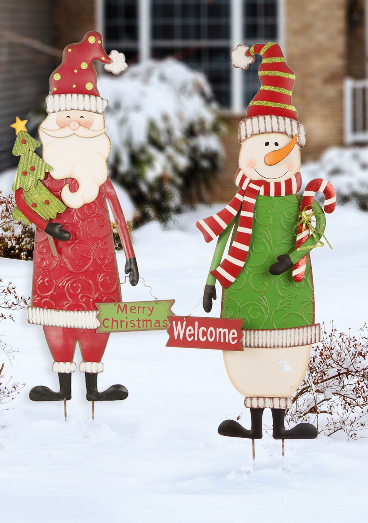 Set of 2 Metal Snowman & Santa Yard Stake or Standing Décor or Wall Décor
