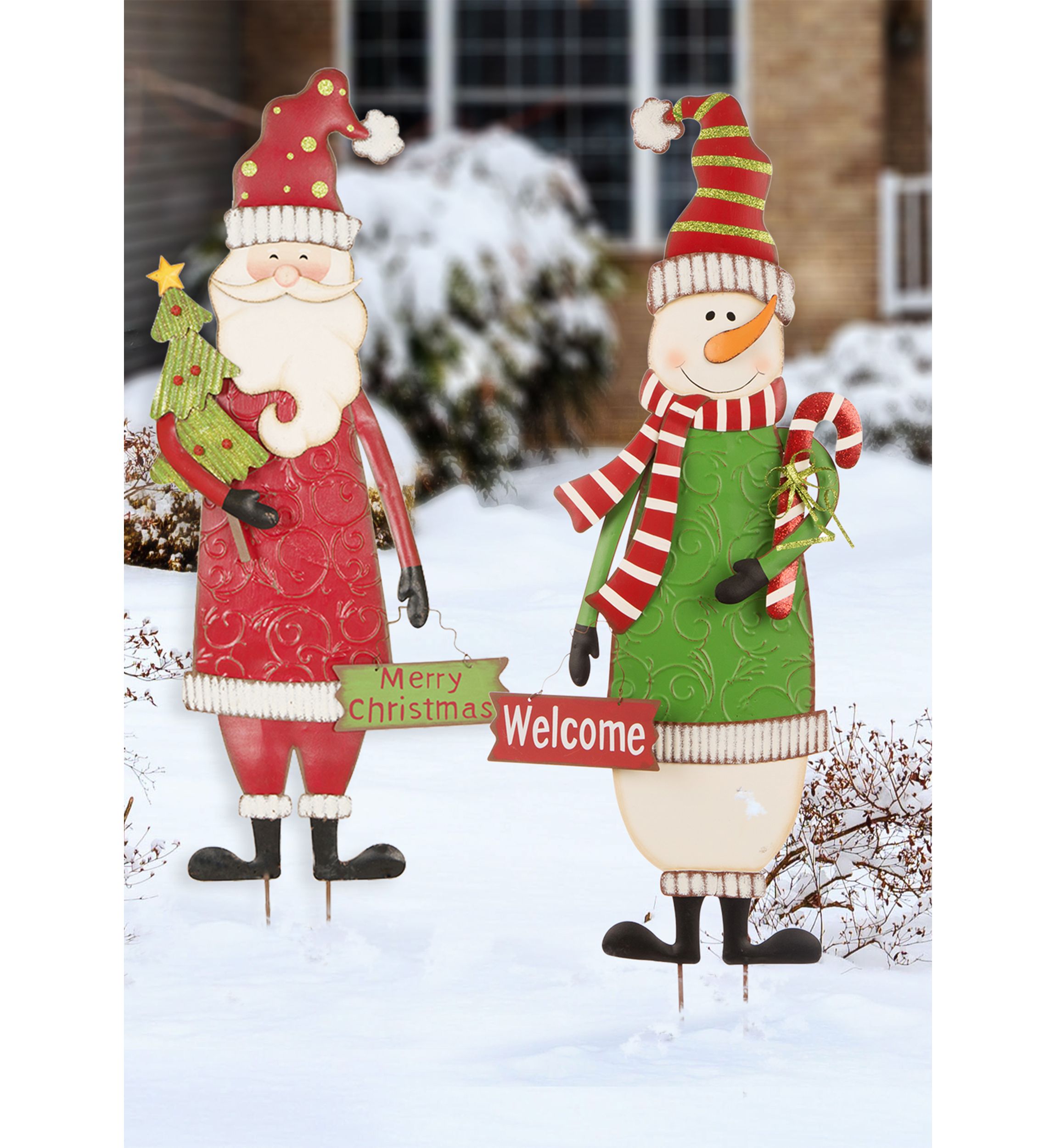Set of 2 Metal Snowman & Santa Yard Stake or Standing Décor or Wall Décor