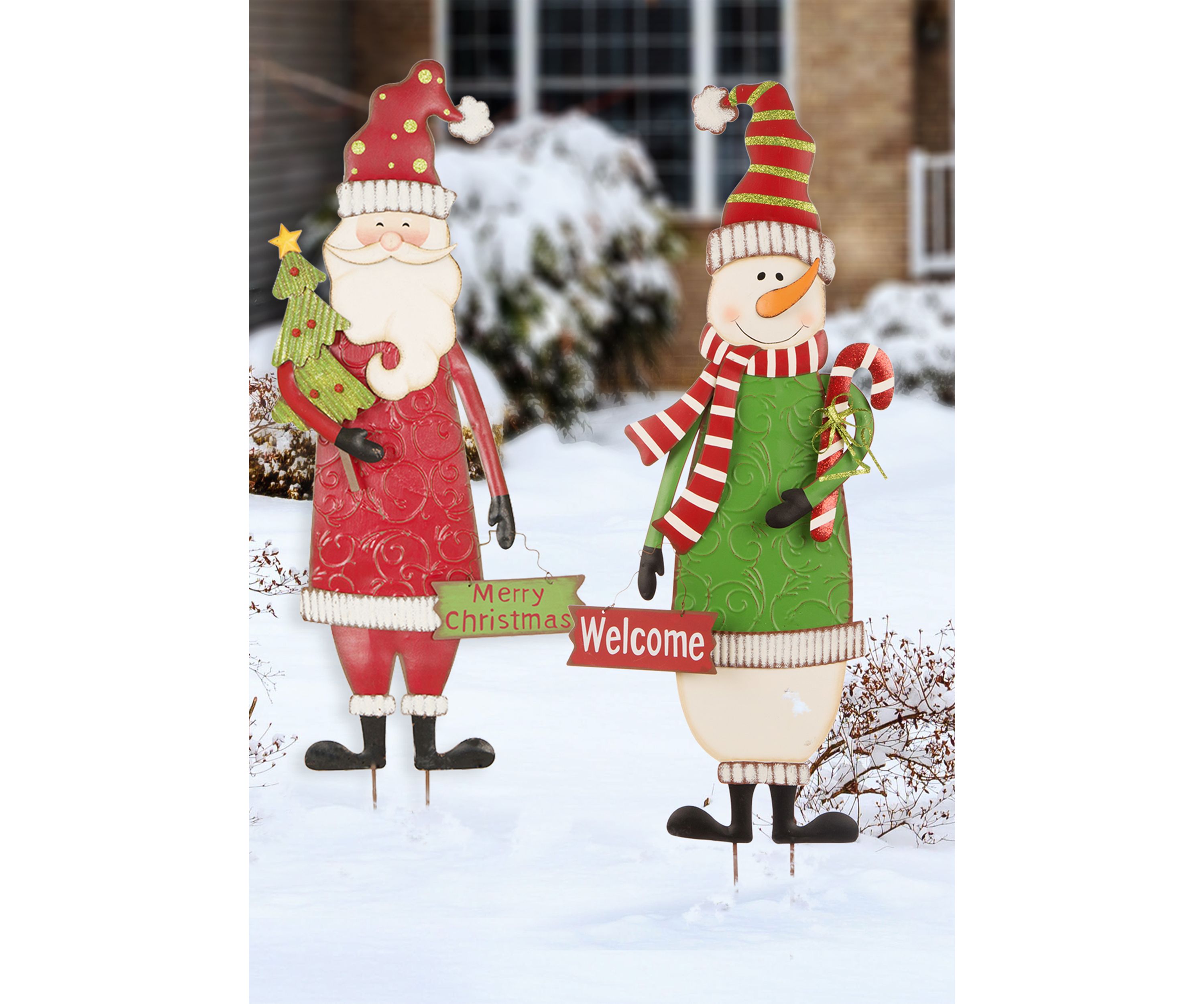 Set of 2 Metal Snowman & Santa Yard Stake or Standing Décor or Wall Décor