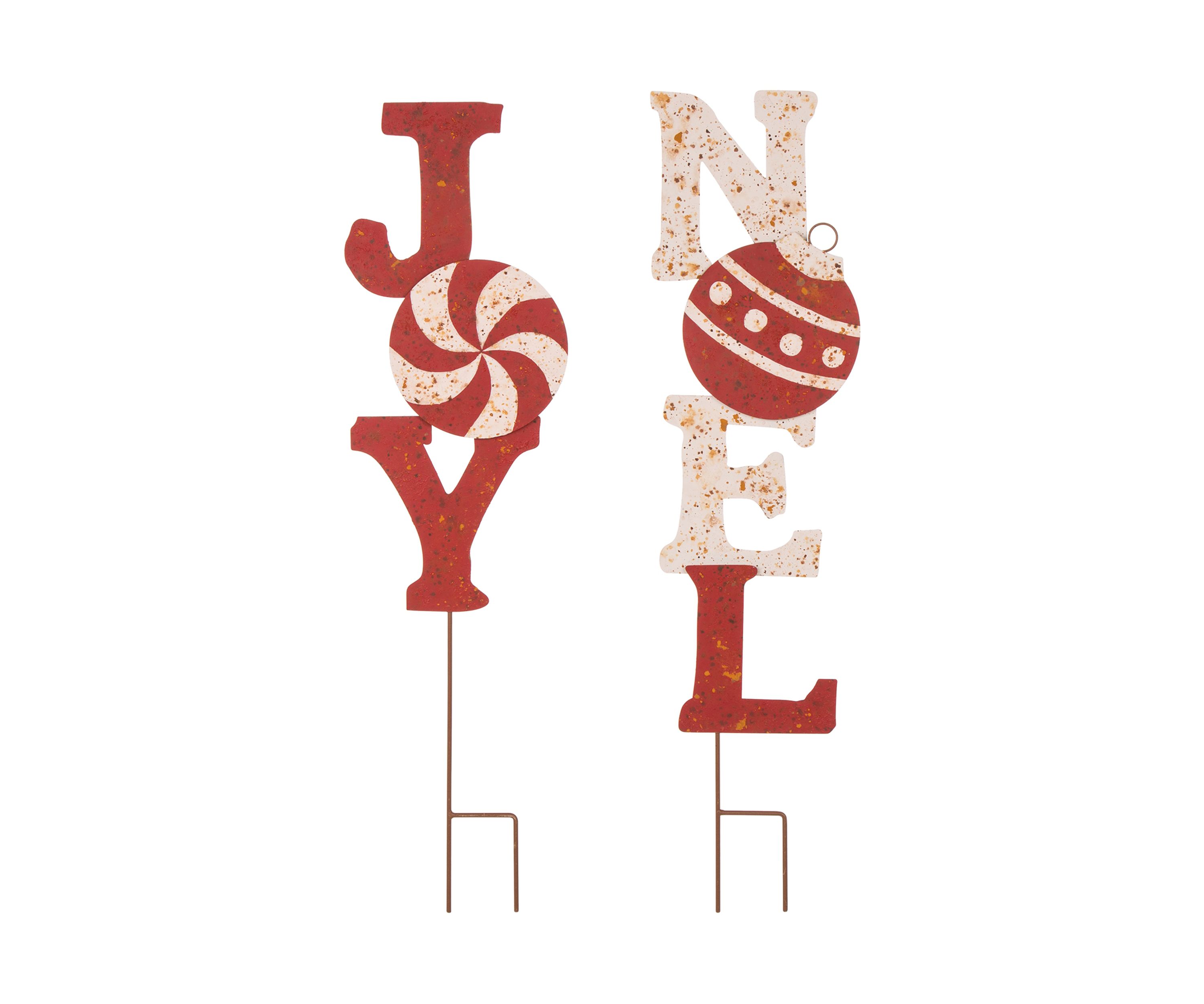 Set of 2 Rusty Metal JOY & NOEL Yard Stakes or Wall Décor
