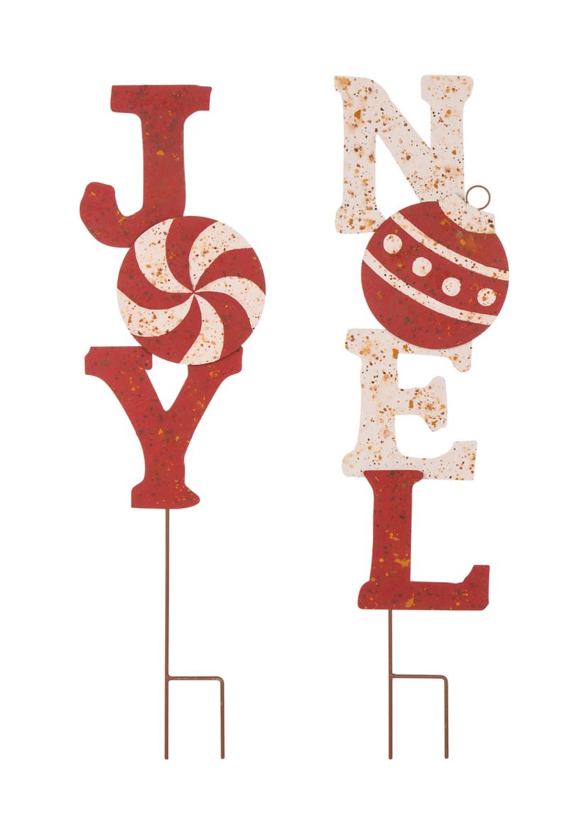 Set of 2 Rusty Metal JOY & NOEL Yard Stakes or Wall Décor