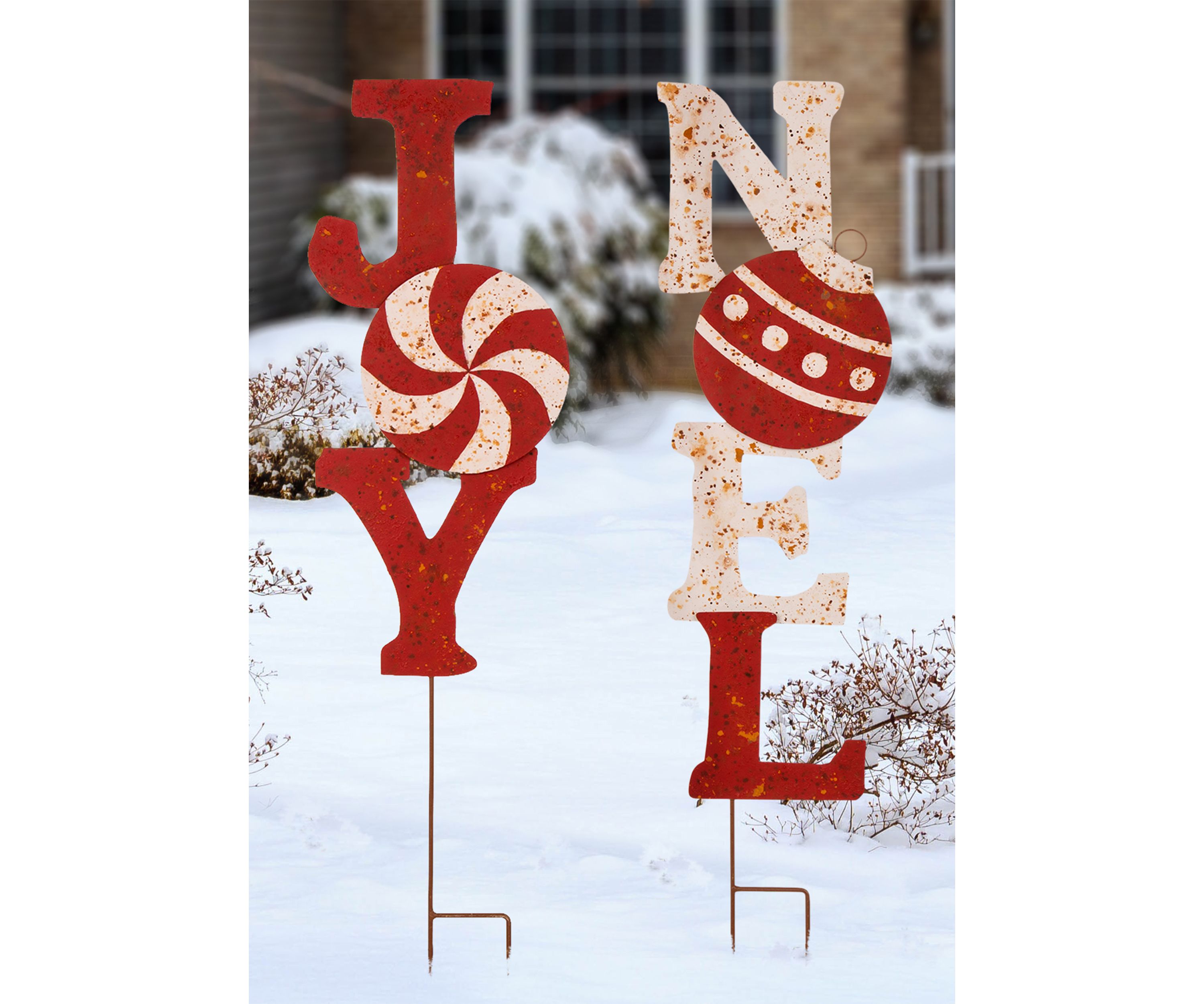 Set of 2 Rusty Metal JOY & NOEL Yard Stakes or Wall Décor