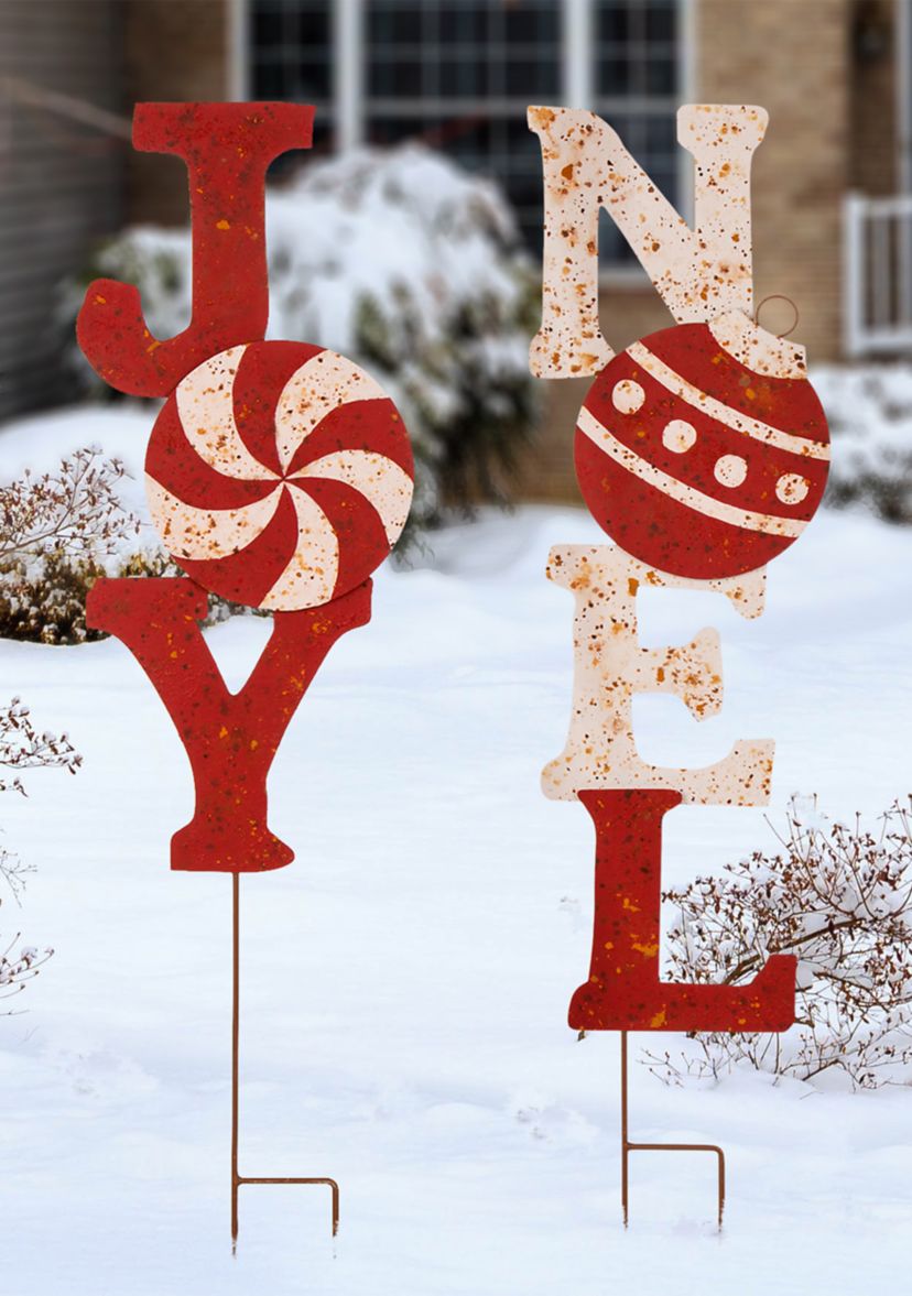 Set of 2 Rusty Metal JOY & NOEL Yard Stakes or Wall Décor