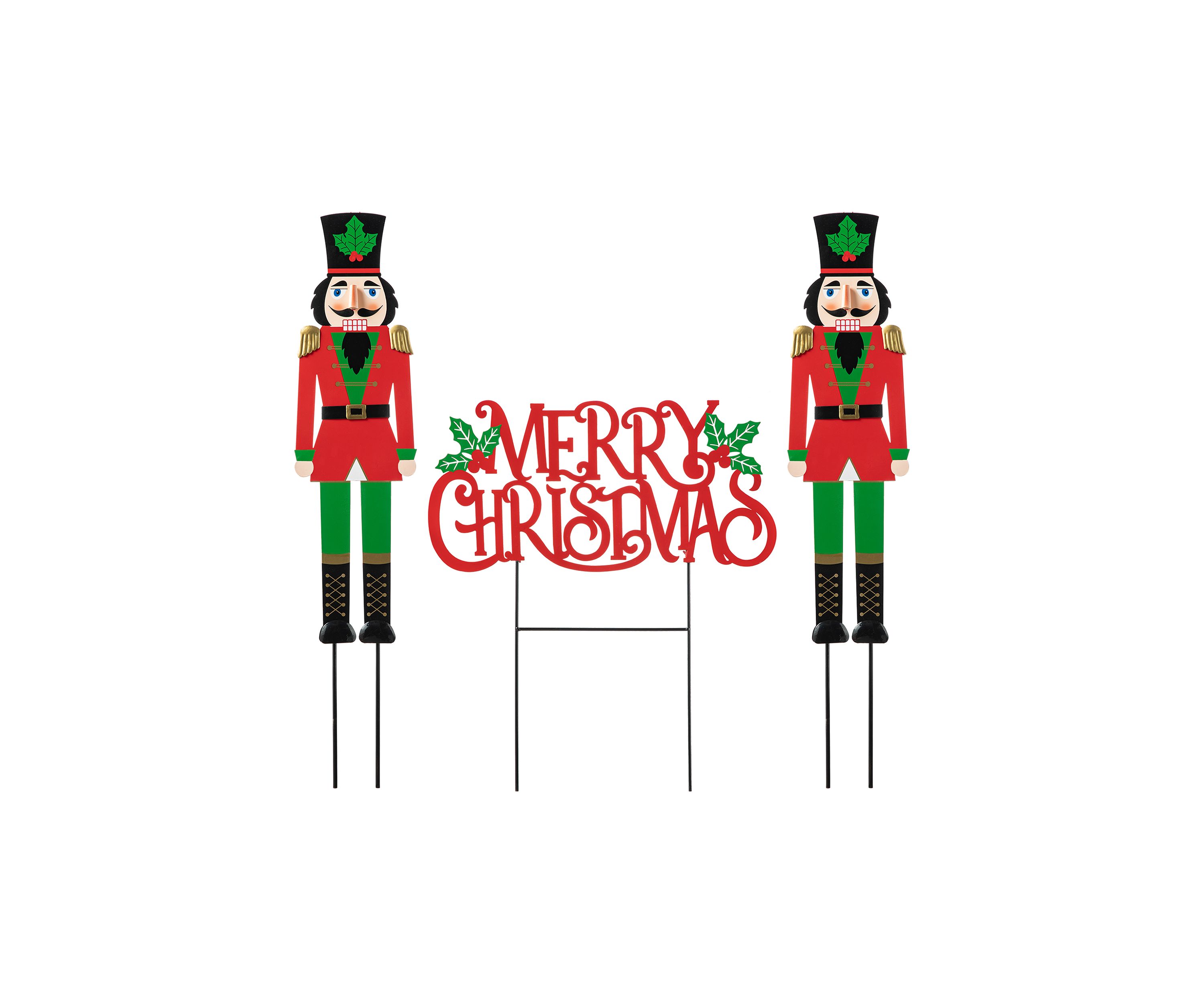 Set of 2 Metal Nutcracker and MERRY CHRISTMAS Yard Stake, KD)