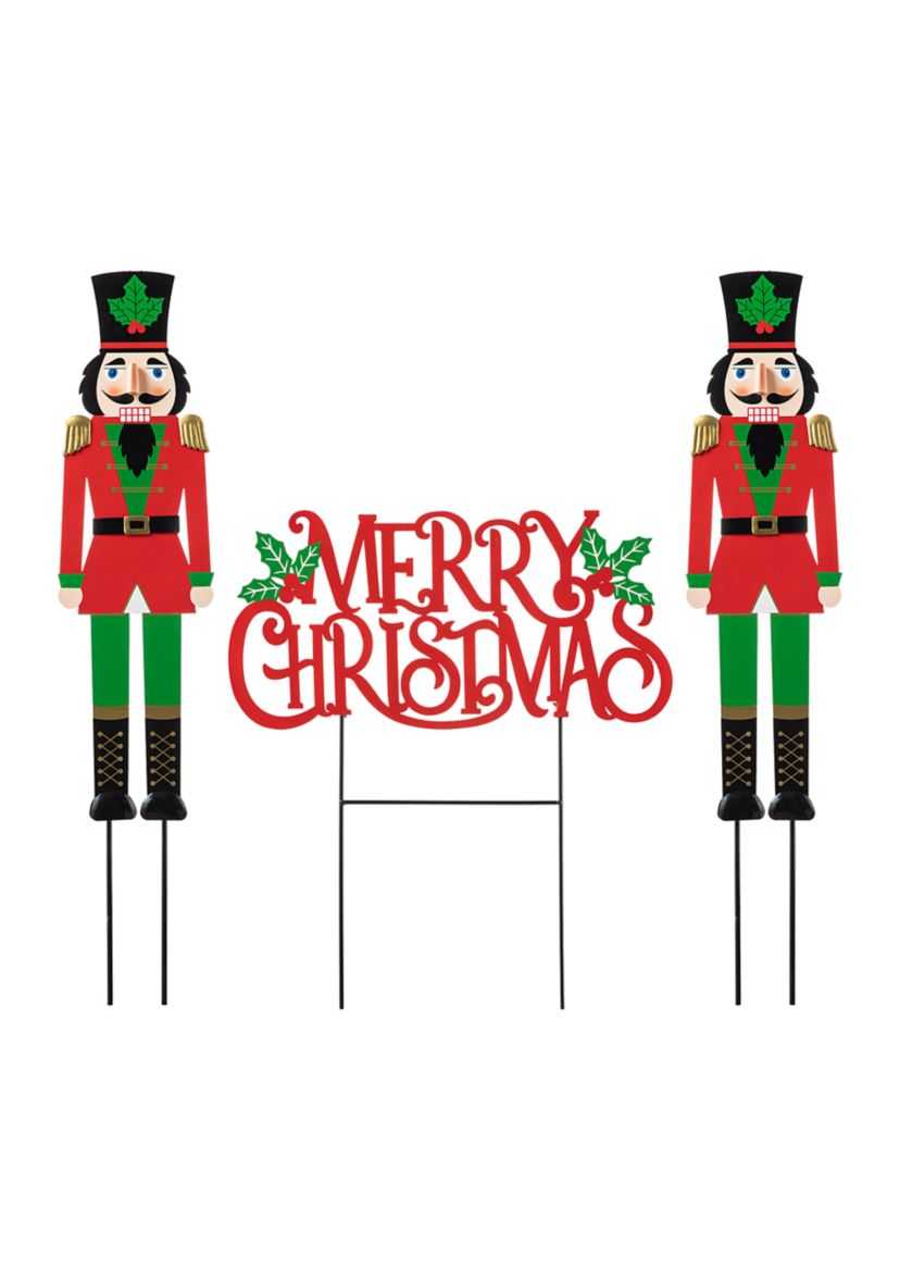 Set of 2 Metal Nutcracker and MERRY CHRISTMAS Yard Stake, KD)