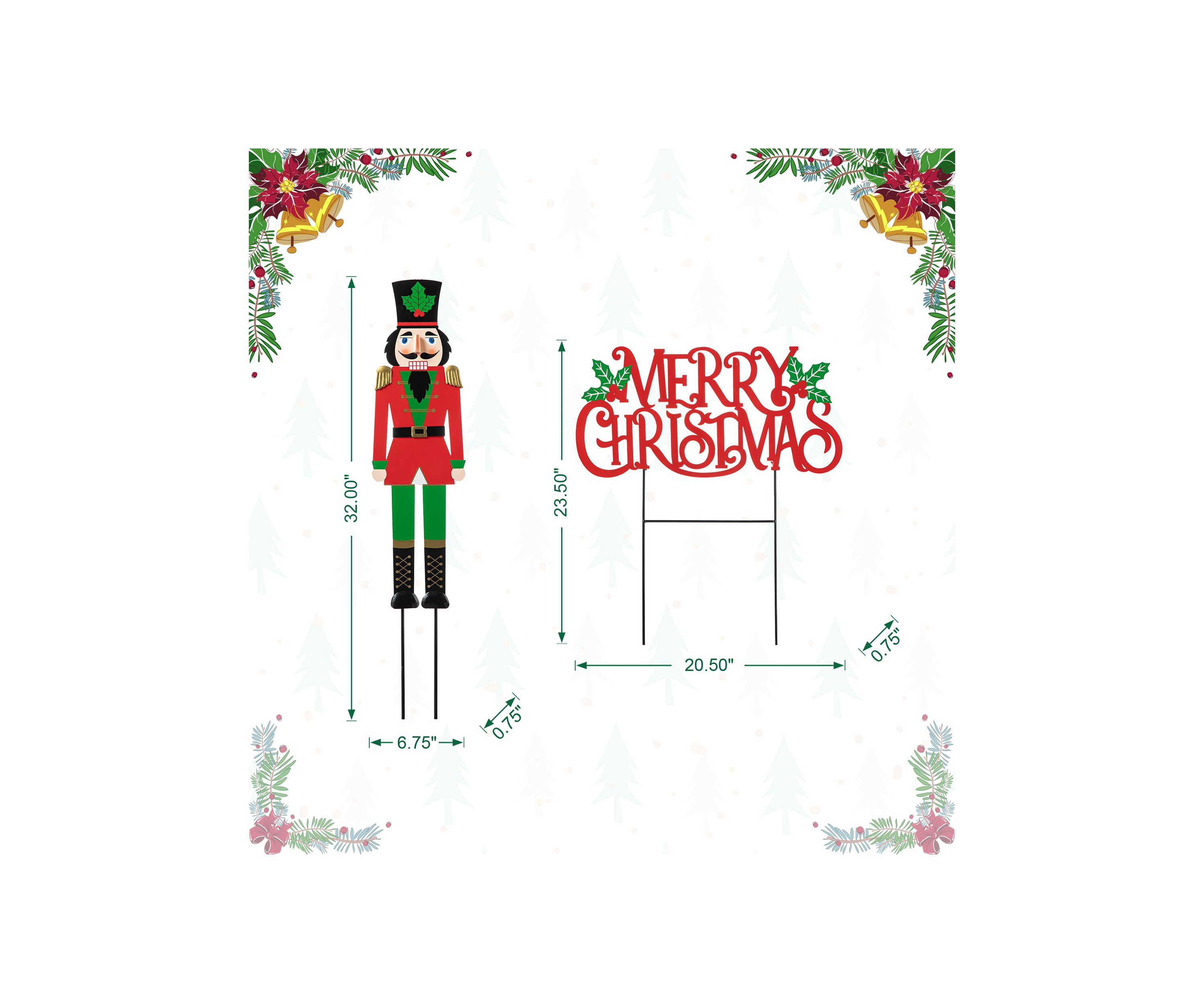 Set of 2 Metal Nutcracker and MERRY CHRISTMAS Yard Stake, KD)