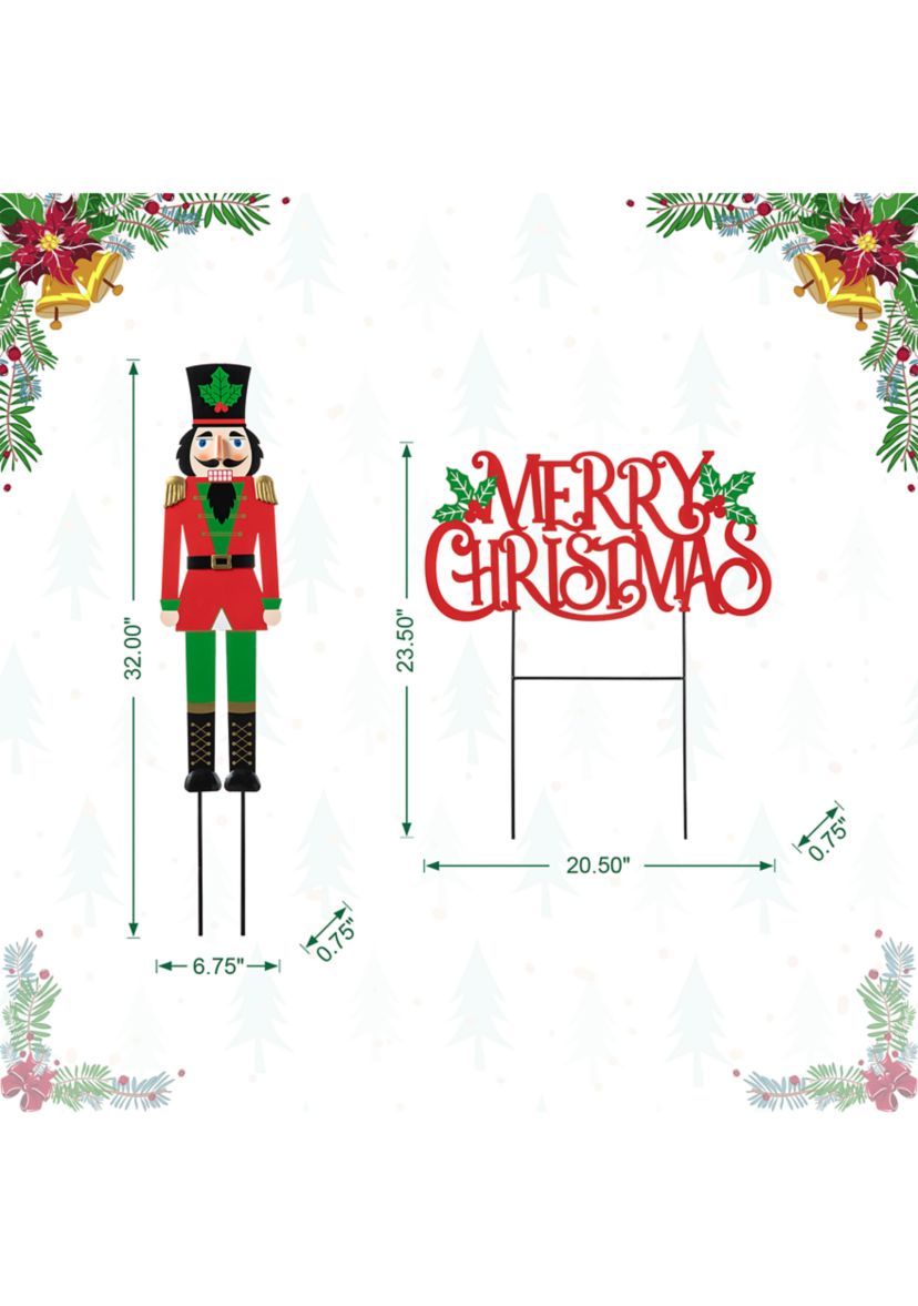 Set of 2 Metal Nutcracker and MERRY CHRISTMAS Yard Stake, KD)