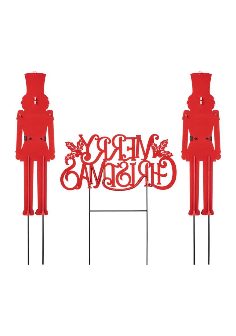 Set of 2 Metal Nutcracker and MERRY CHRISTMAS Yard Stake, KD)