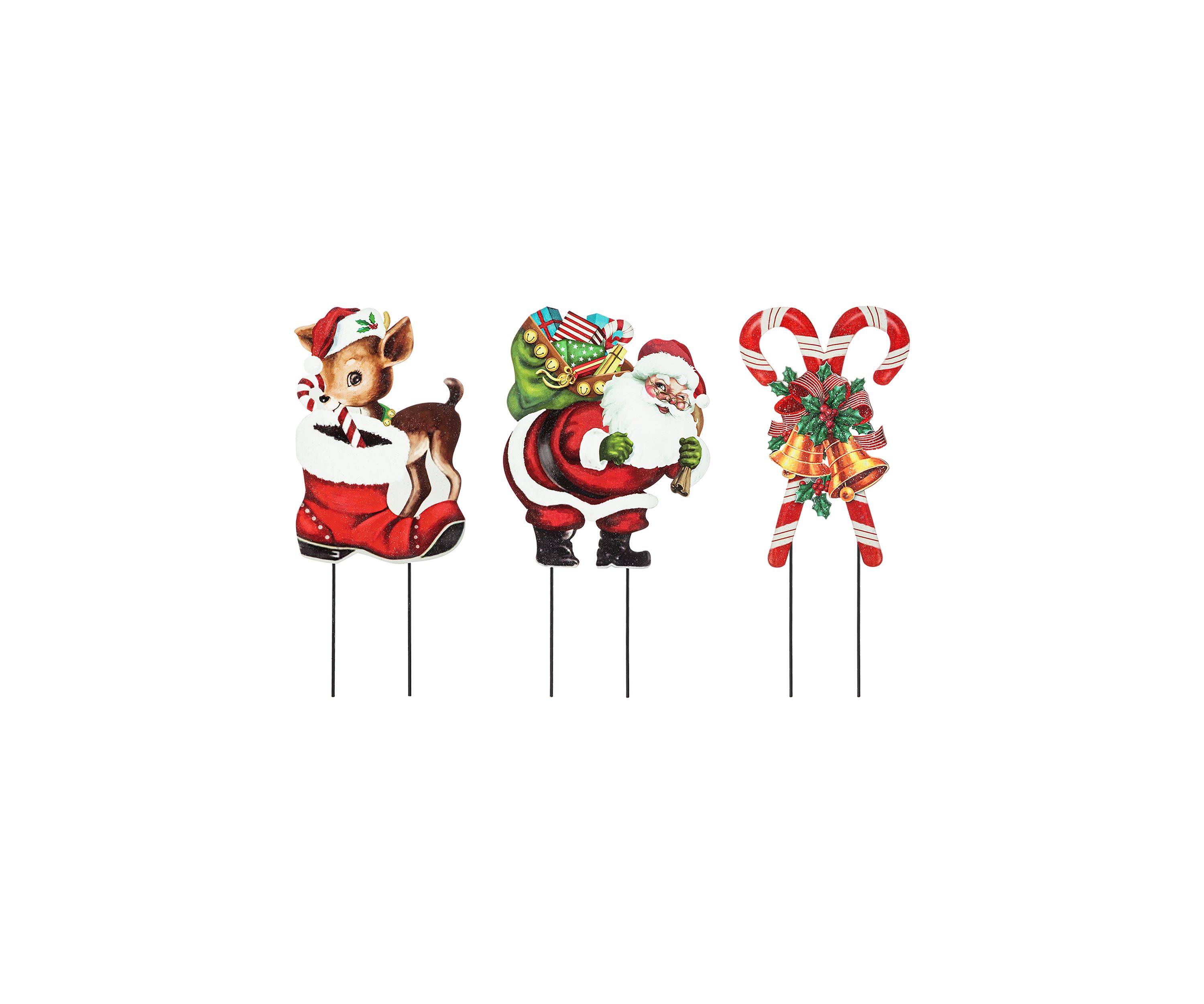 24-inchH Set of 3 Metal Glitter Santa, Reindeer and Candy Cane Yard Stake (KD)