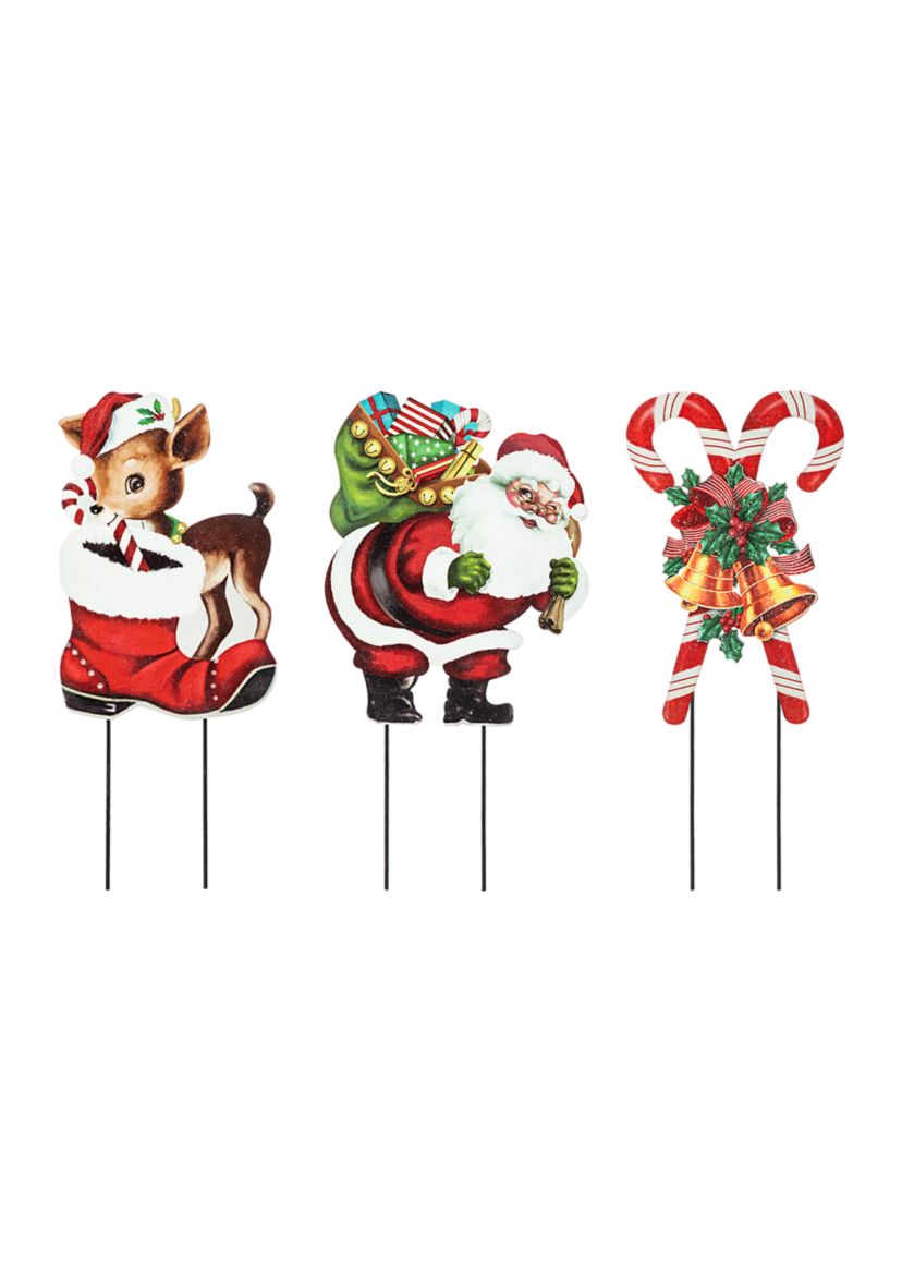 24-inchH Set of 3 Metal Glitter Santa, Reindeer and Candy Cane Yard Stake (KD)