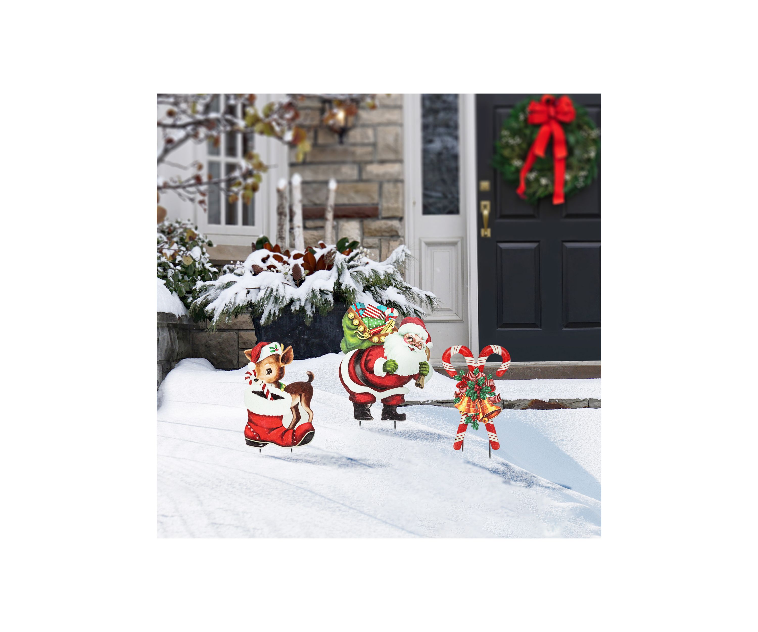 24-inchH Set of 3 Metal Glitter Santa, Reindeer and Candy Cane Yard Stake (KD)