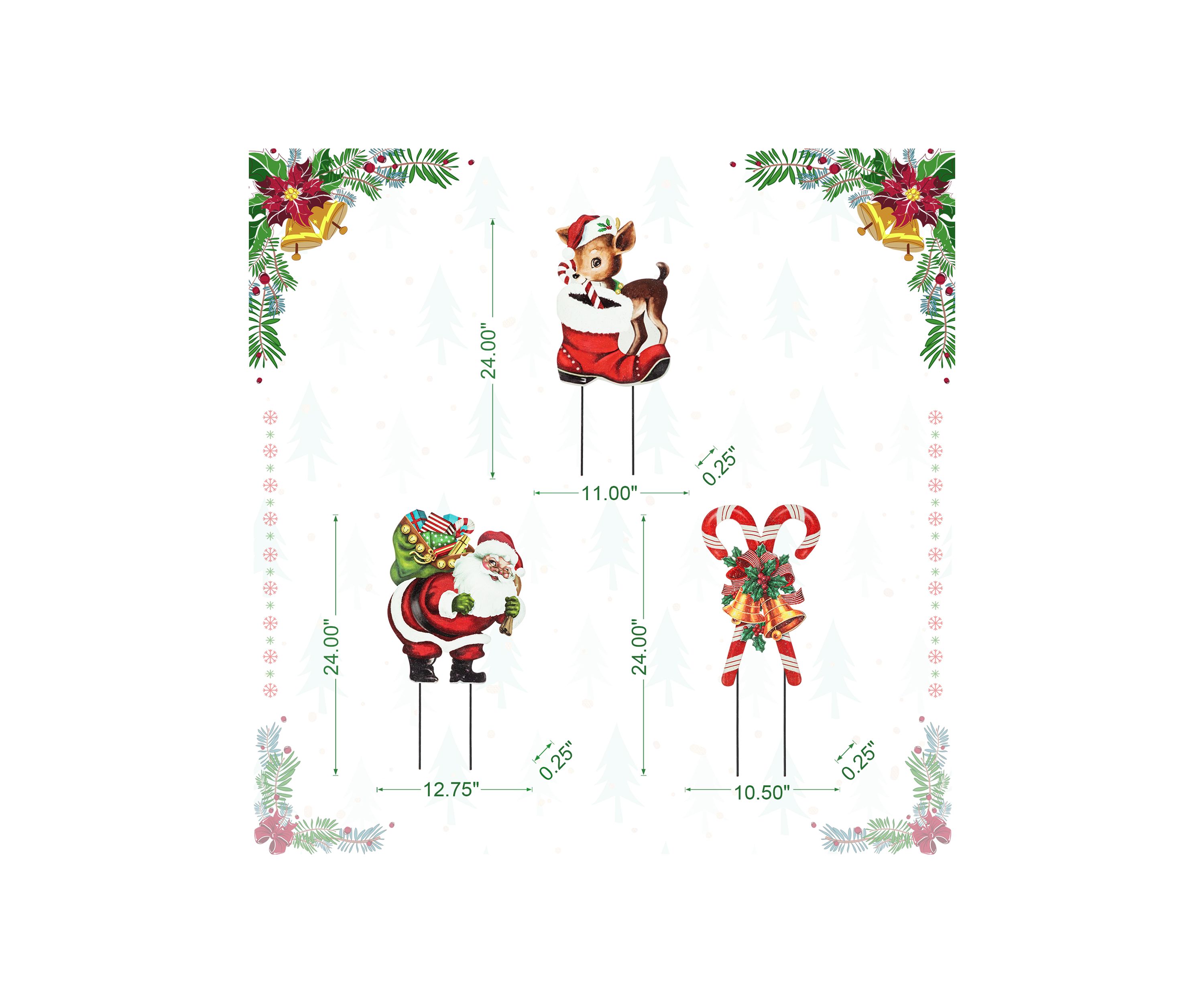 24-inchH Set of 3 Metal Glitter Santa, Reindeer and Candy Cane Yard Stake (KD)