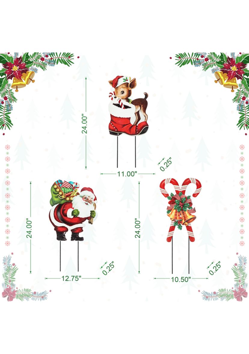 24-inchH Set of 3 Metal Glitter Santa, Reindeer and Candy Cane Yard Stake (KD)