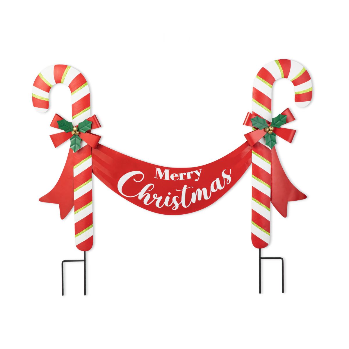 36"L Christmas Metal "Merry Christmas" Candy Cane Yard Stake or Wall Décor(KD,Two Function)