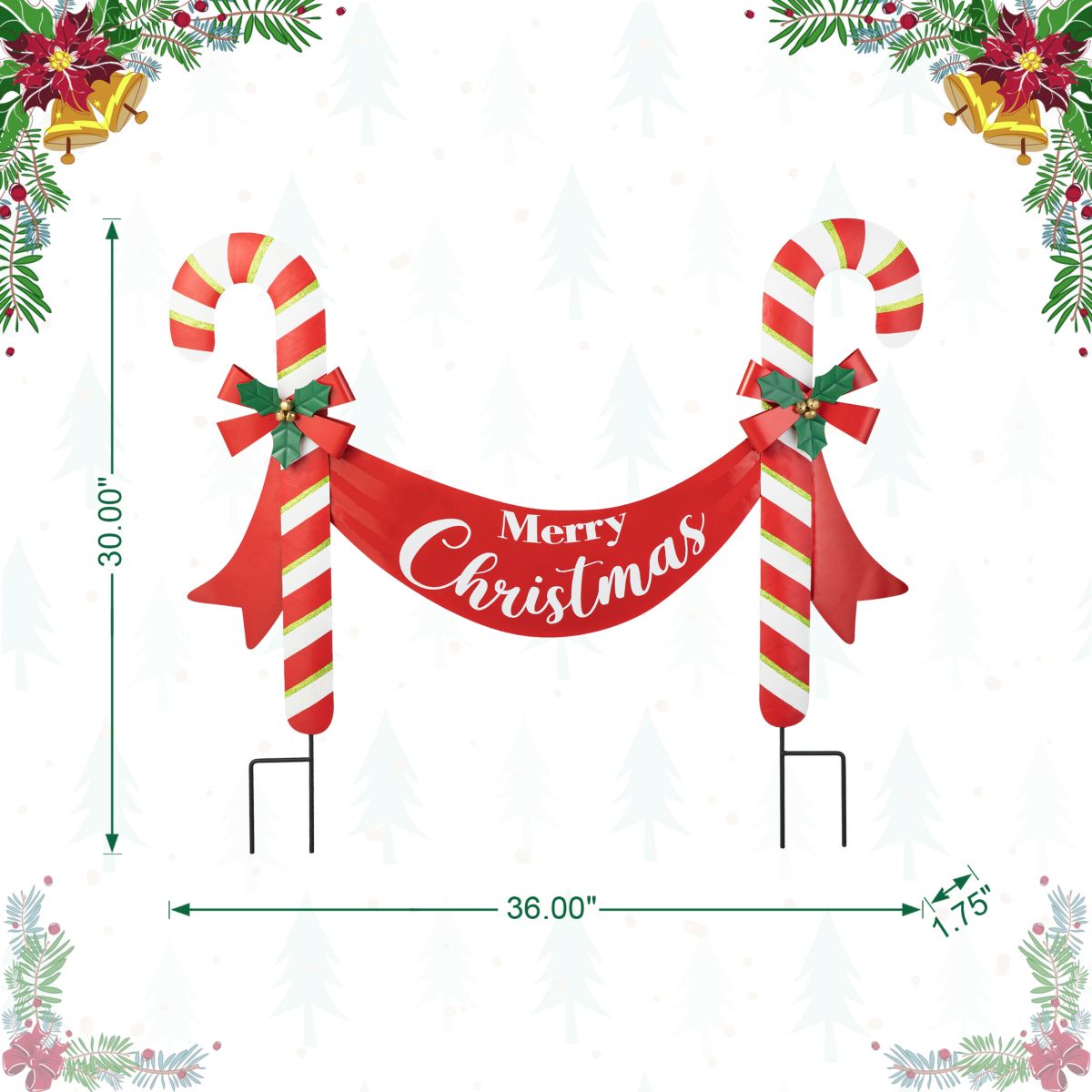 36"L Christmas Metal "Merry Christmas" Candy Cane Yard Stake or Wall Décor(KD,Two Function)