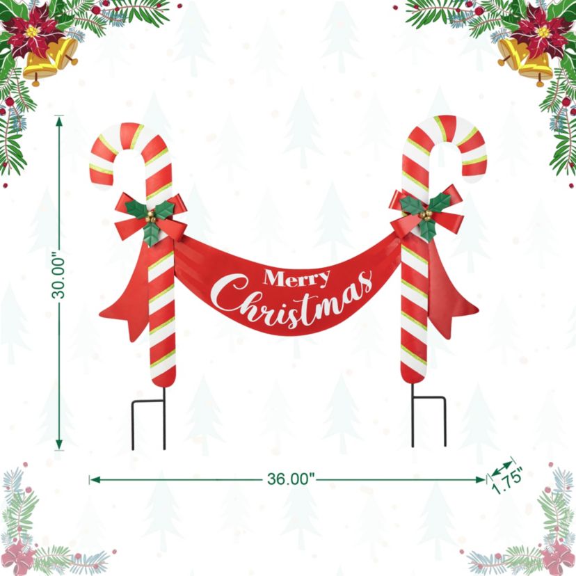 36"L Christmas Metal "Merry Christmas" Candy Cane Yard Stake or Wall Décor(KD,Two Function)
