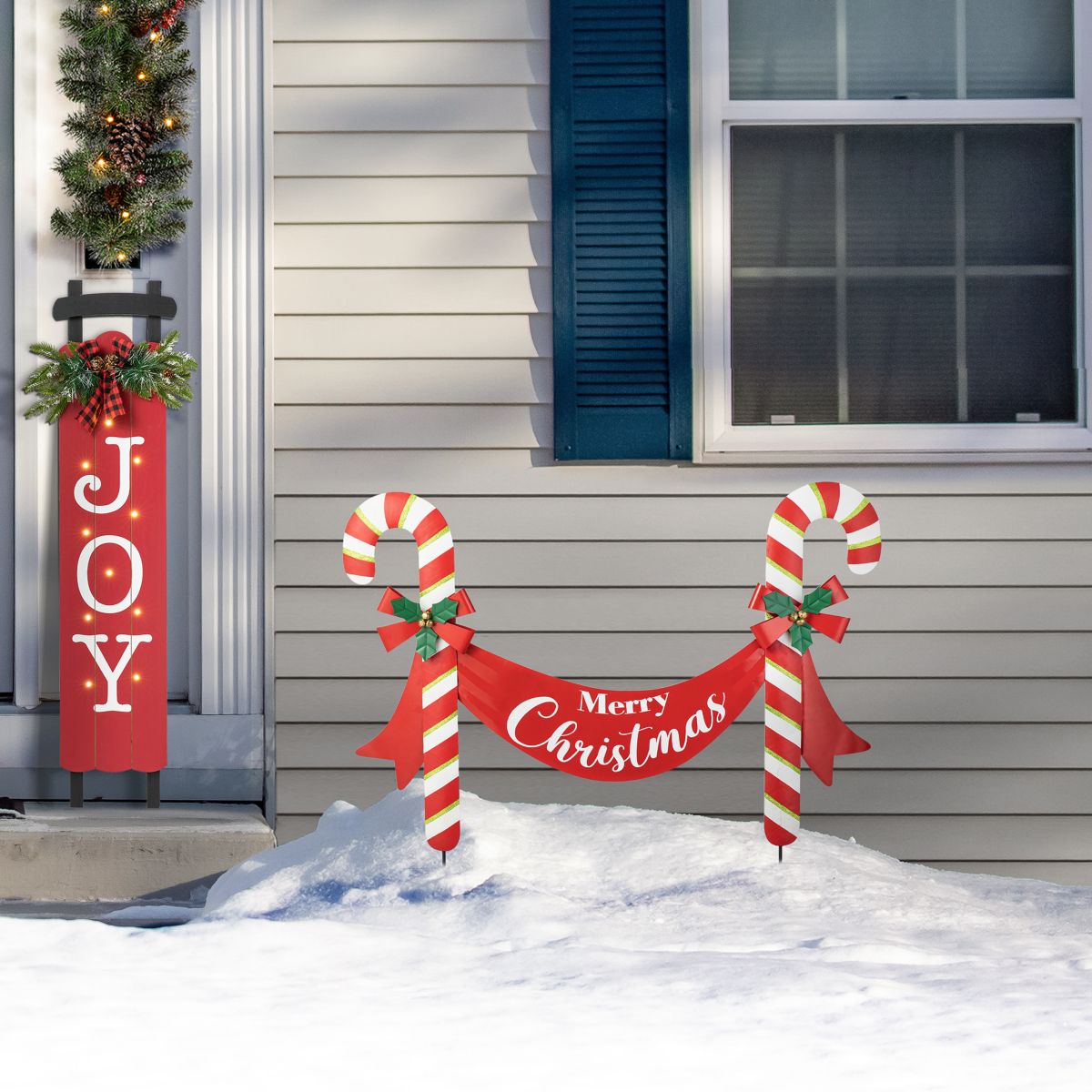 36"L Christmas Metal "Merry Christmas" Candy Cane Yard Stake or Wall Décor(KD,Two Function)