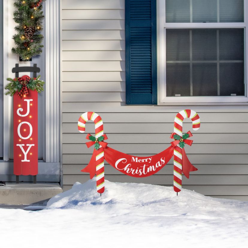 36"L Christmas Metal "Merry Christmas" Candy Cane Yard Stake or Wall Décor(KD,Two Function)