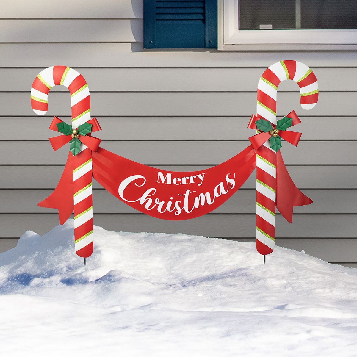 36"L Christmas Metal "Merry Christmas" Candy Cane Yard Stake or Wall Décor(KD,Two Function)