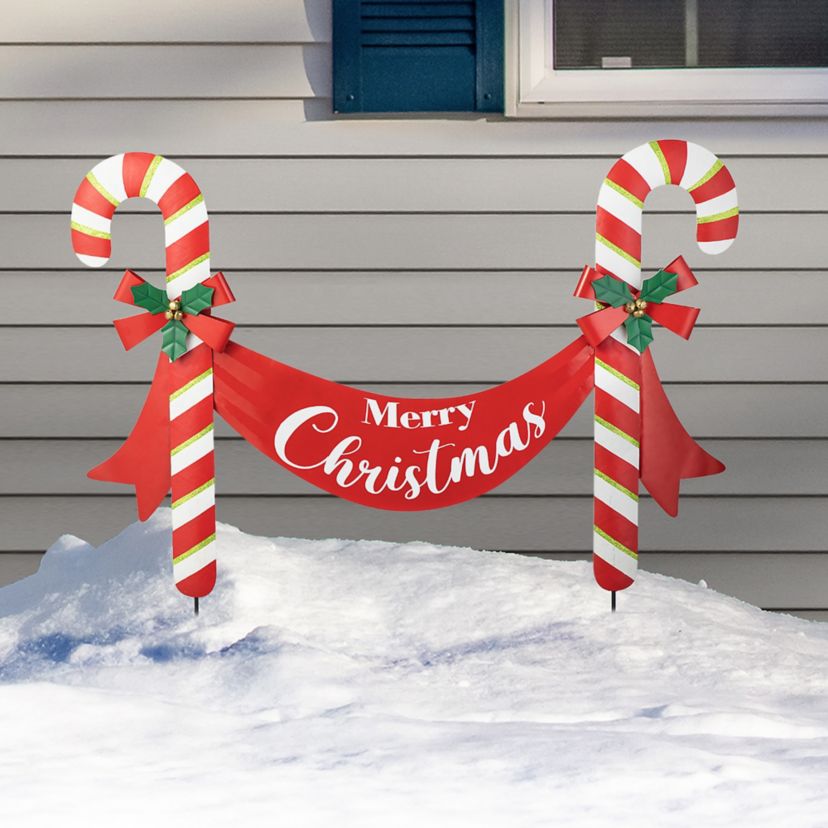 36"L Christmas Metal "Merry Christmas" Candy Cane Yard Stake or Wall Décor(KD,Two Function)