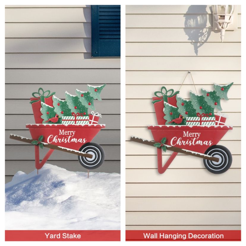 30"H "Merry Christmas" Metal Wagon Yard Stake or Wall Décor(KD,Two Function)