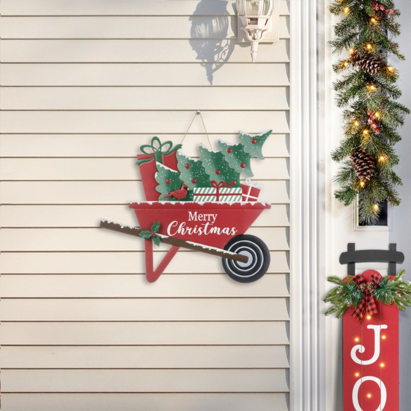 30"H "Merry Christmas" Metal Wagon Yard Stake or Wall Décor(KD,Two Function)