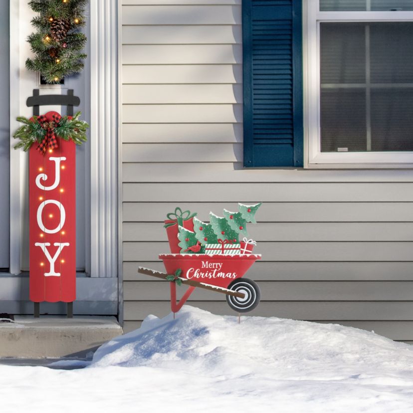 30"H "Merry Christmas" Metal Wagon Yard Stake or Wall Décor(KD,Two Function)