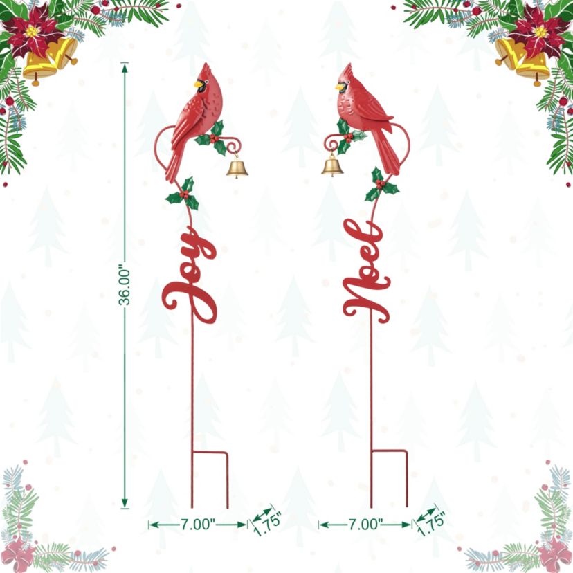 36"H Set of 2 Christmas Metal Cardinal "JOY" and "NOEL" with Bell Yard Stake or Wall Décor(KD,Two Function)