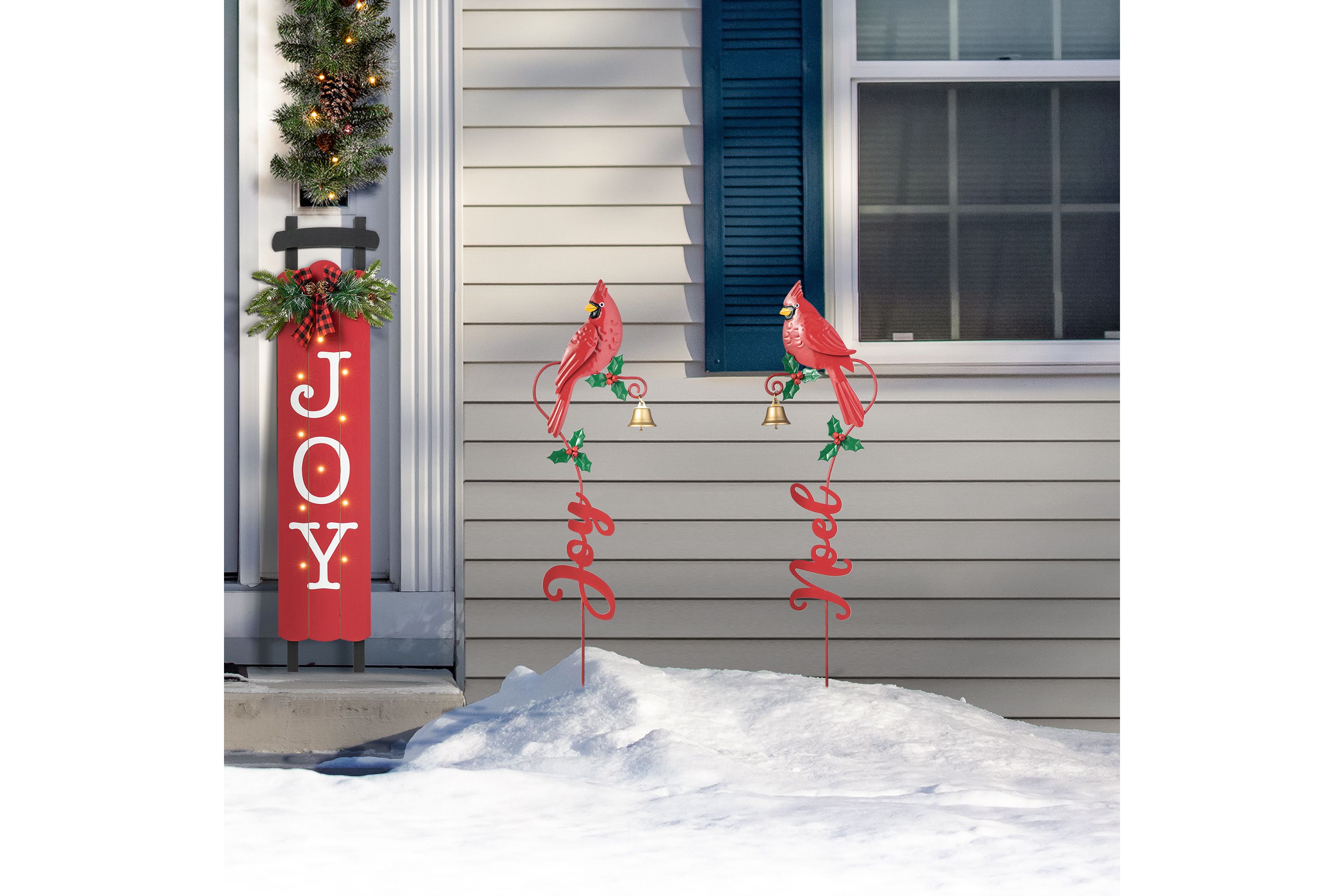36"H Set of 2 Christmas Metal Cardinal "JOY" and "NOEL" with Bell Yard Stake or Wall Décor(KD,Two Function)