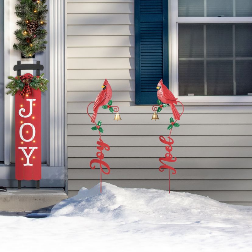 36"H Set of 2 Christmas Metal Cardinal "JOY" and "NOEL" with Bell Yard Stake or Wall Décor(KD,Two Function)