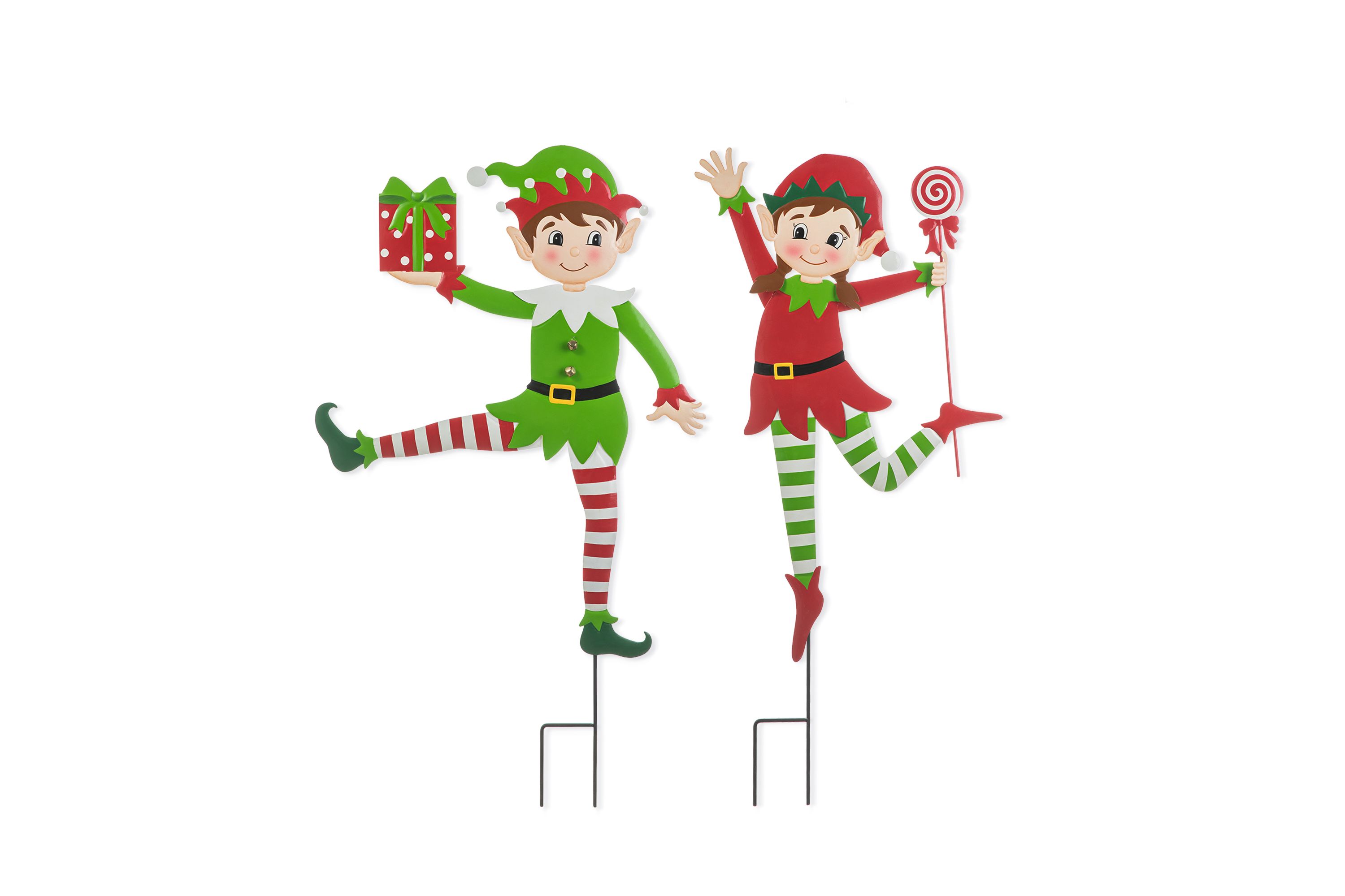 35.75"H Set of 2 Christmas Metal Dancing Elf Yard Stake or Wall Décor(KD,Two Function)