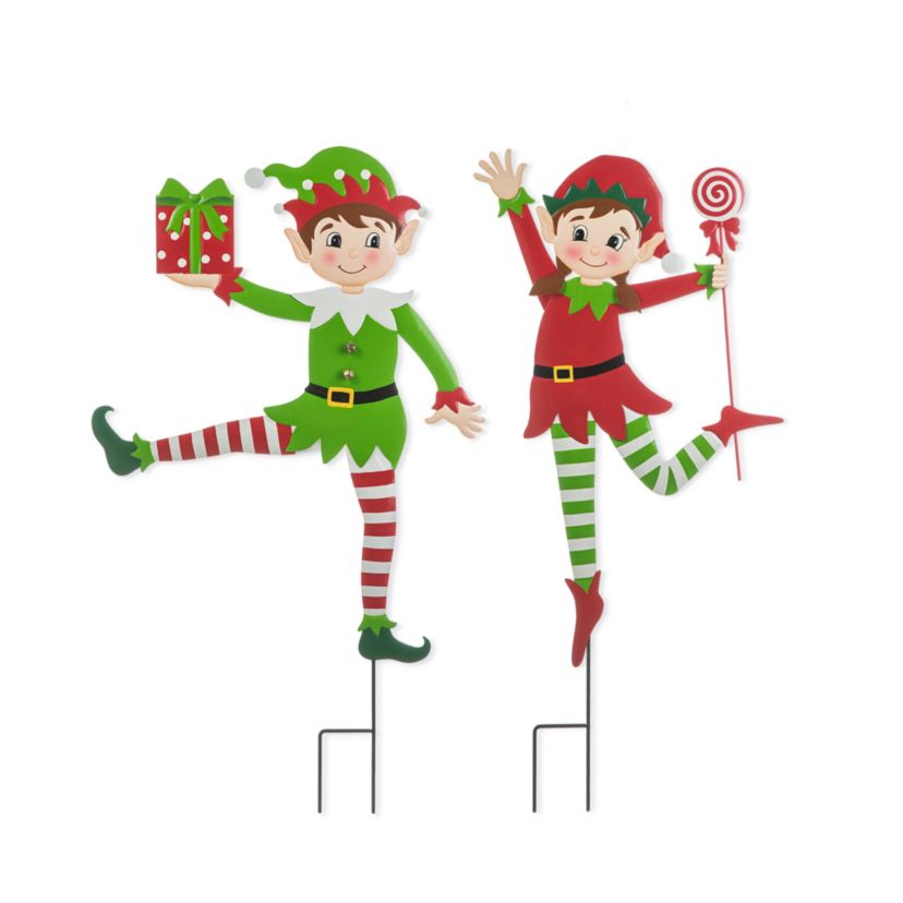 35.75"H Set of 2 Christmas Metal Dancing Elf Yard Stake or Wall Décor(KD,Two Function)