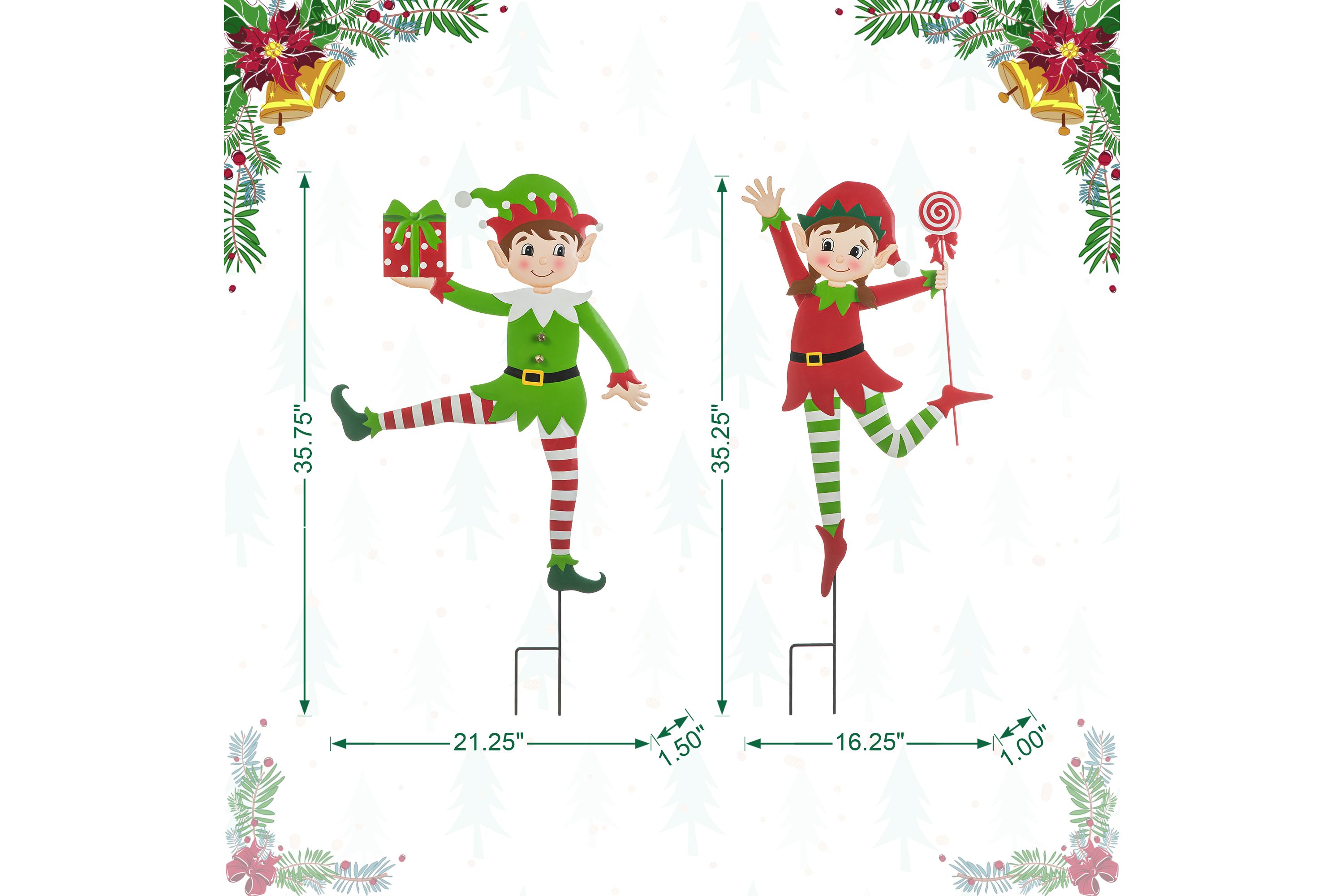 35.75"H Set of 2 Christmas Metal Dancing Elf Yard Stake or Wall Décor(KD,Two Function)