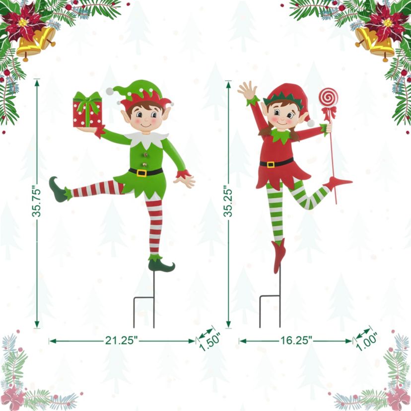 35.75"H Set of 2 Christmas Metal Dancing Elf Yard Stake or Wall Décor(KD,Two Function)