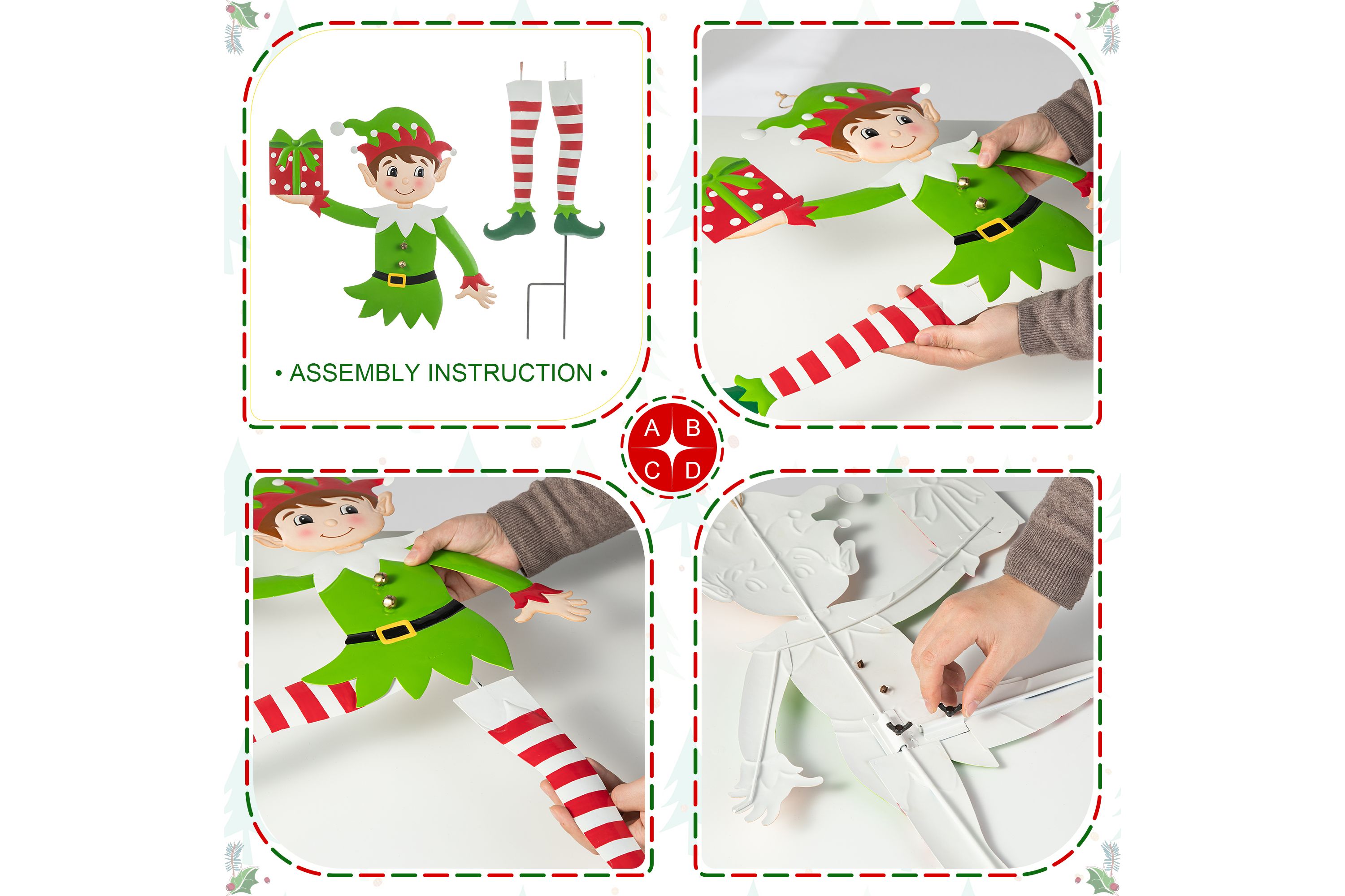 35.75"H Set of 2 Christmas Metal Dancing Elf Yard Stake or Wall Décor(KD,Two Function)