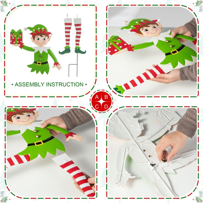35.75"H Set of 2 Christmas Metal Dancing Elf Yard Stake or Wall Décor(KD,Two Function)
