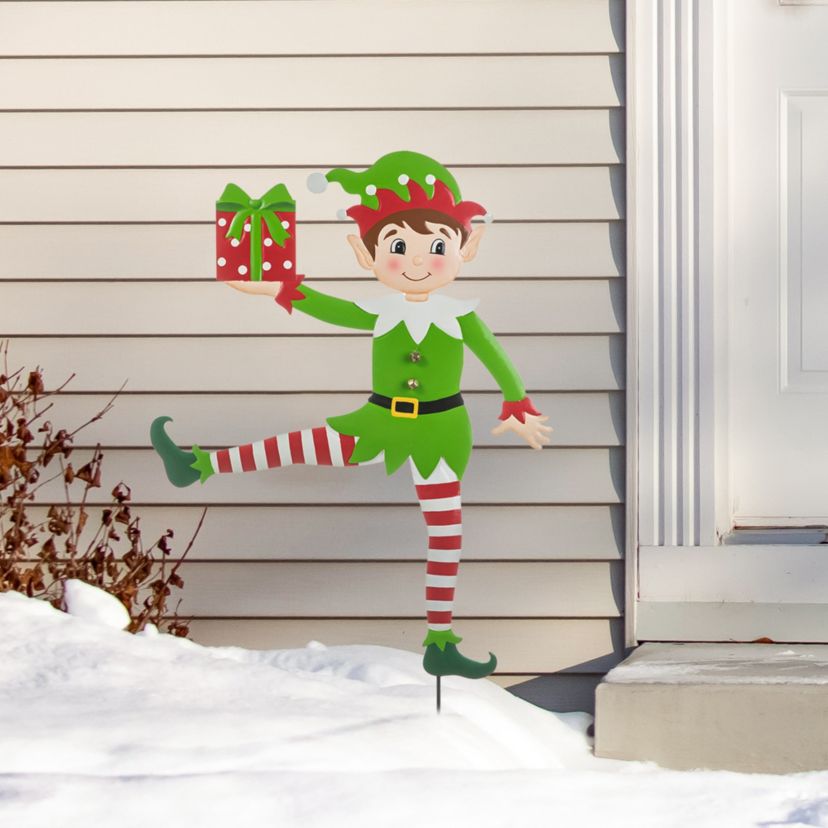 35.75"H Set of 2 Christmas Metal Dancing Elf Yard Stake or Wall Décor(KD,Two Function)