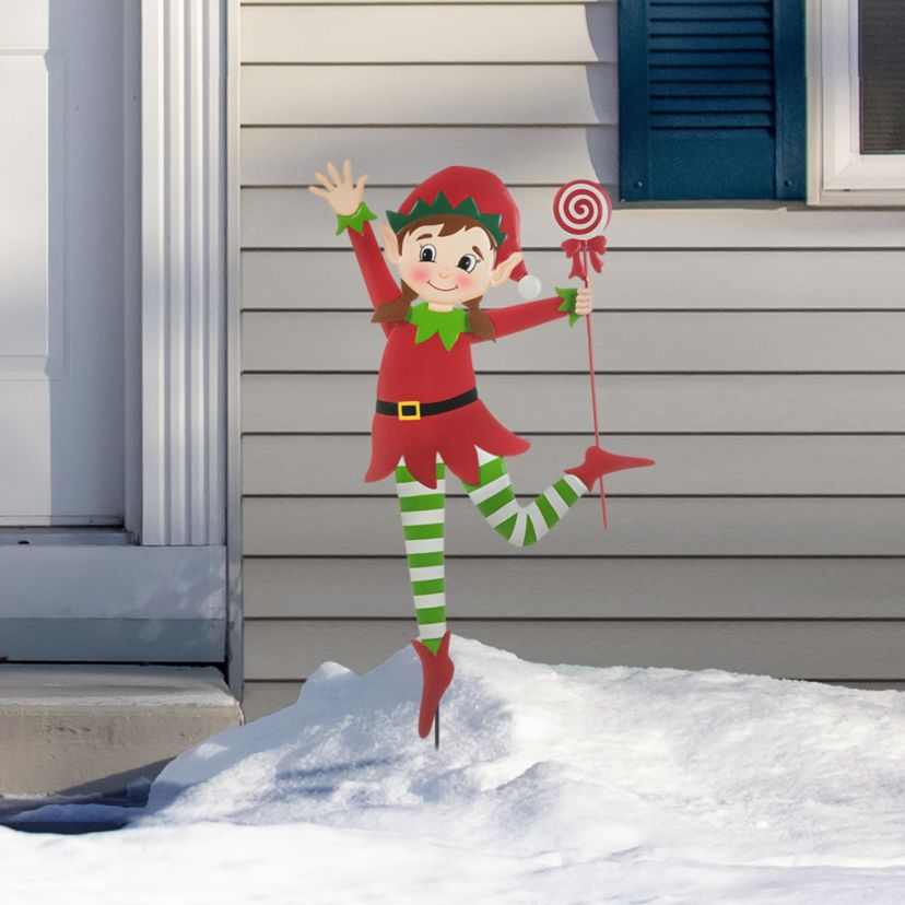 35.75"H Set of 2 Christmas Metal Dancing Elf Yard Stake or Wall Décor(KD,Two Function)