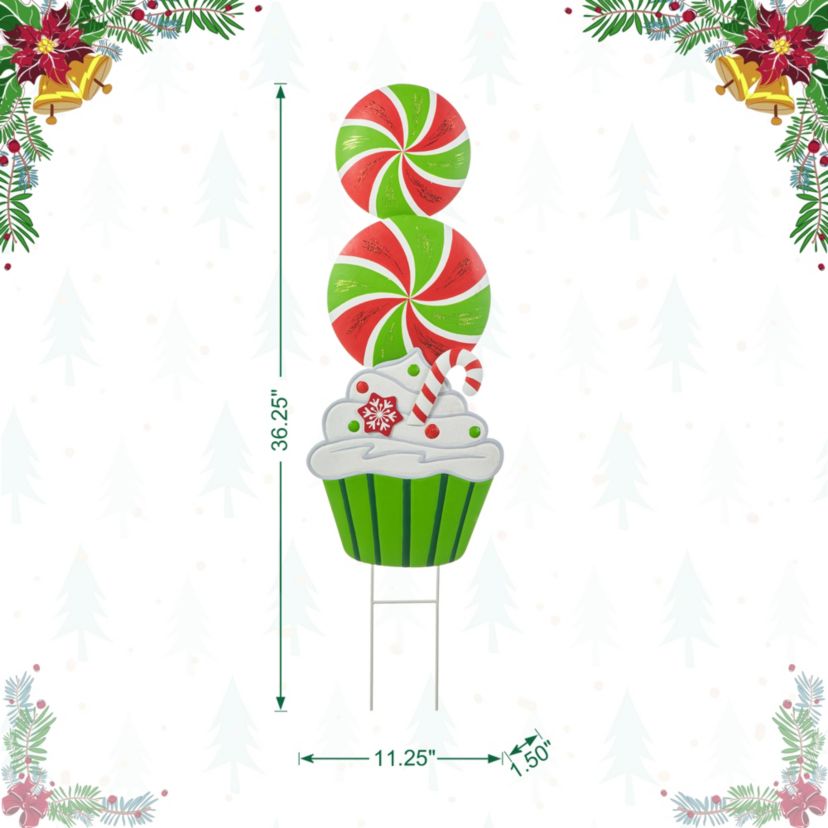 36.25"H Christmas Metal Peppermint and Cupcake Yard Stake (KD)